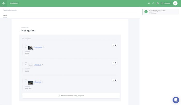The navigation content in Prismic The navigation content in Prismic