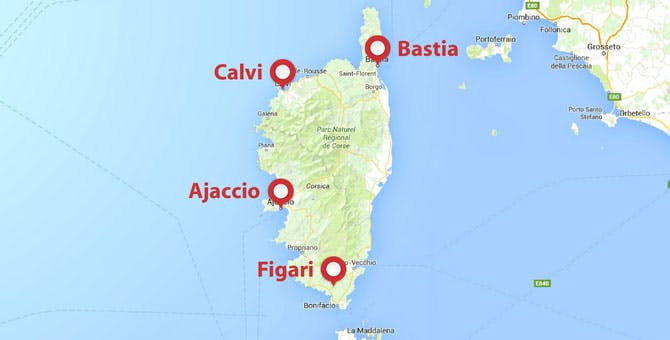 Corsica map by private jet
