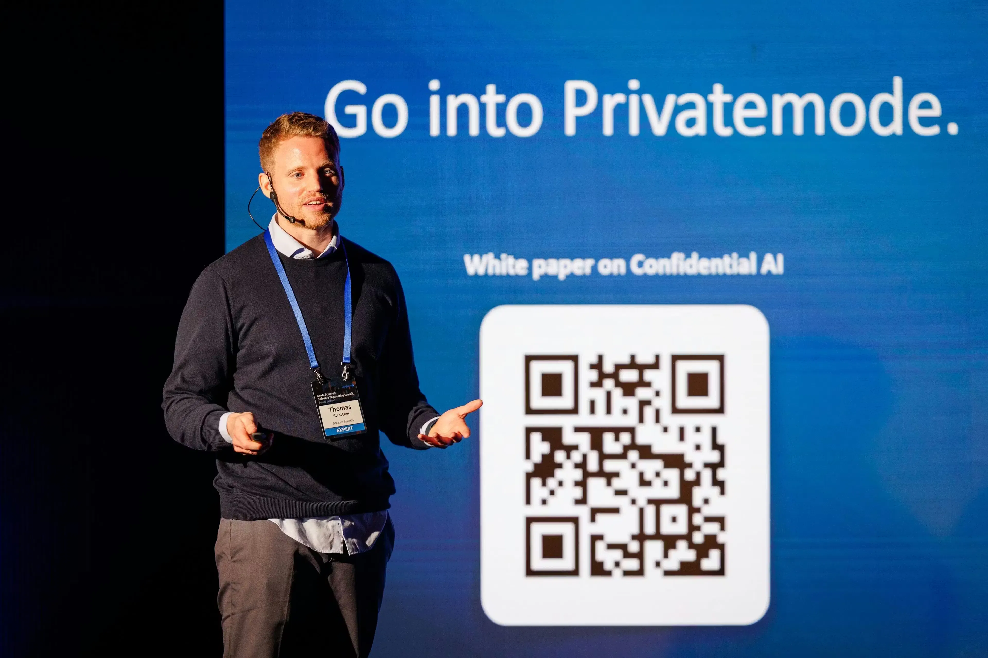 An image of Edgeless Systems' VP of Business Development Thomas Strottner at Gapgemini's GenAI summit 2025
