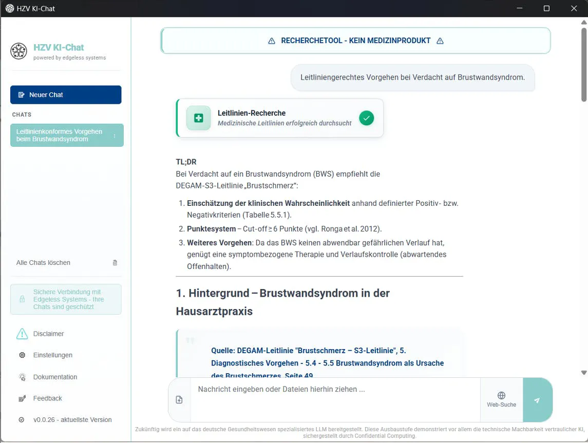Screenshot of HZV AI Chat with medical guidelines enrichment for interactive medical knowledge queries