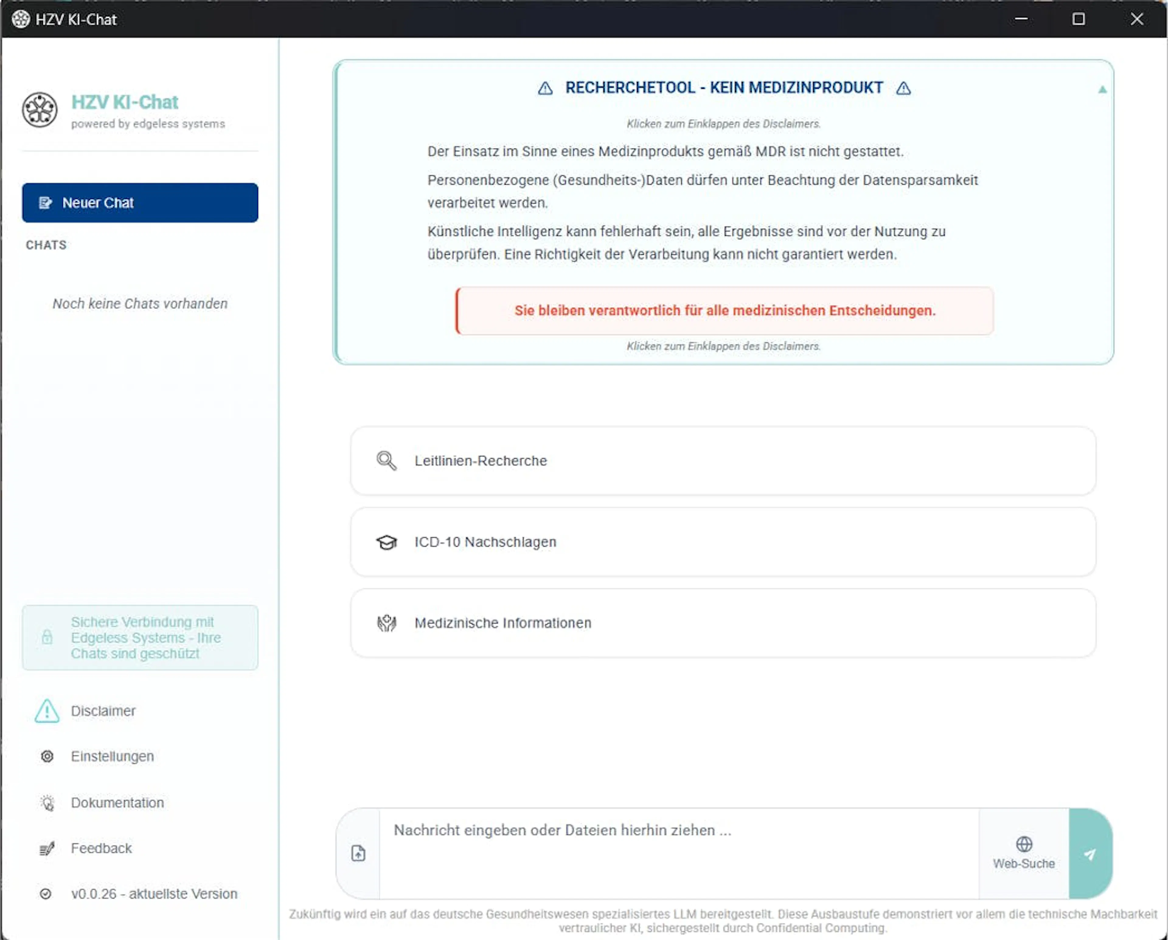 Screenshot of the HZV AI Chat interface, the privacy-compliant AI chat for GP practice staff
