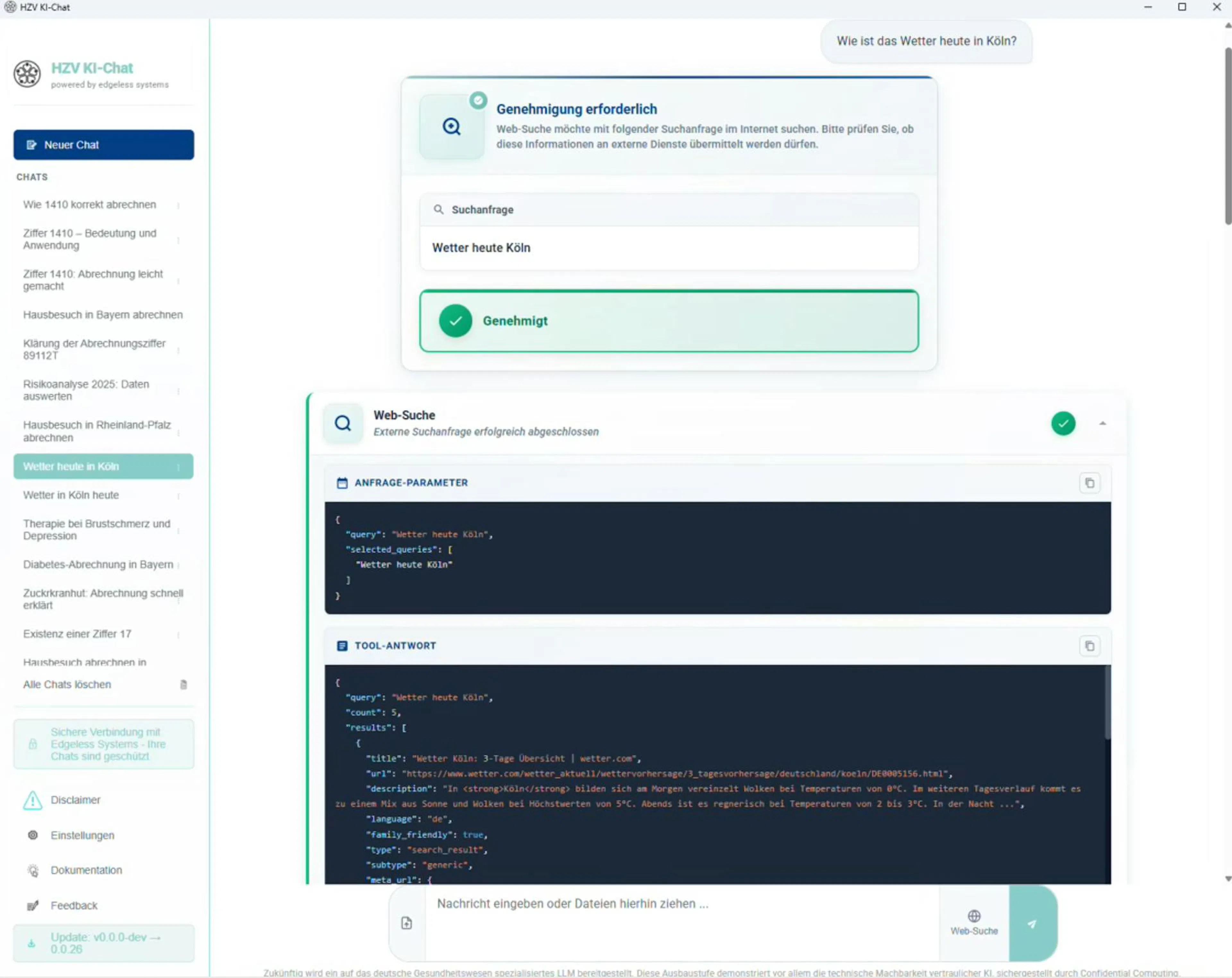 Screenshot of the HZV AI Chat interface showing AI request parameters and tool responses for transparency