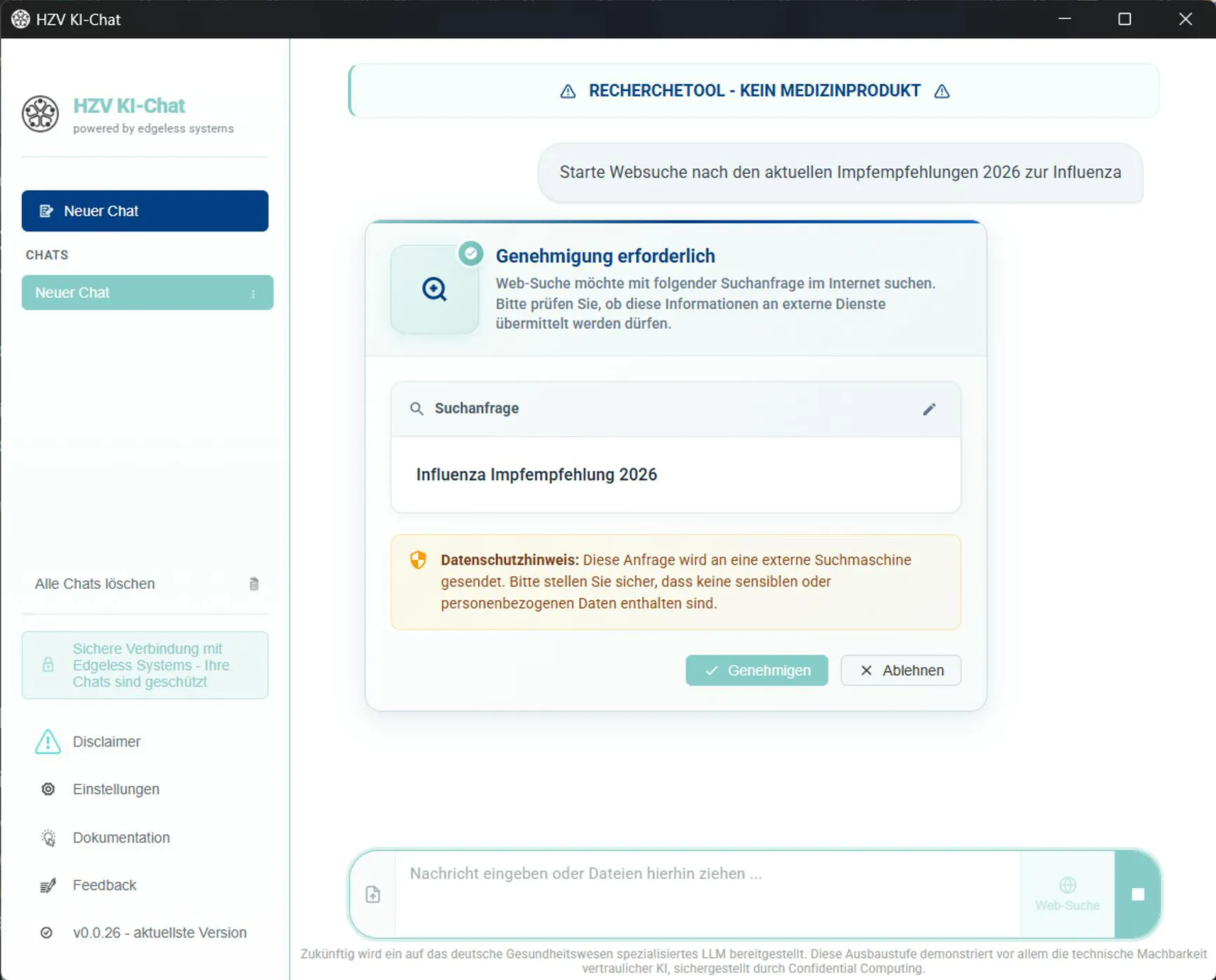 Screenshot of the HZV AI Chat web search feature with human-in-the-loop approval to protect patient data