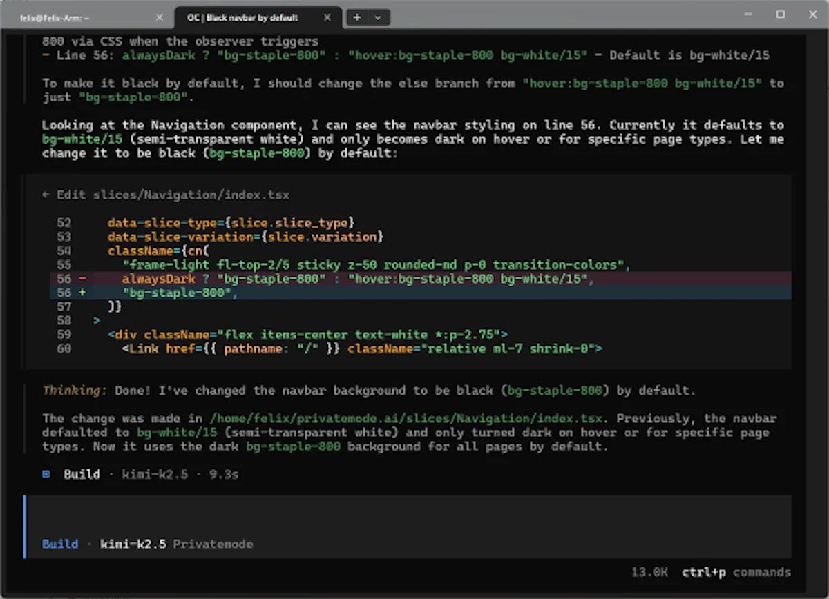 Screenshot Privatemode in OpenCode