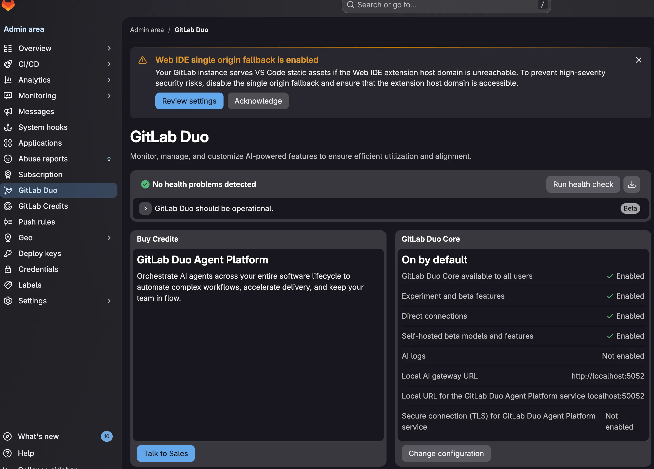 GitLab Duo overview with health check