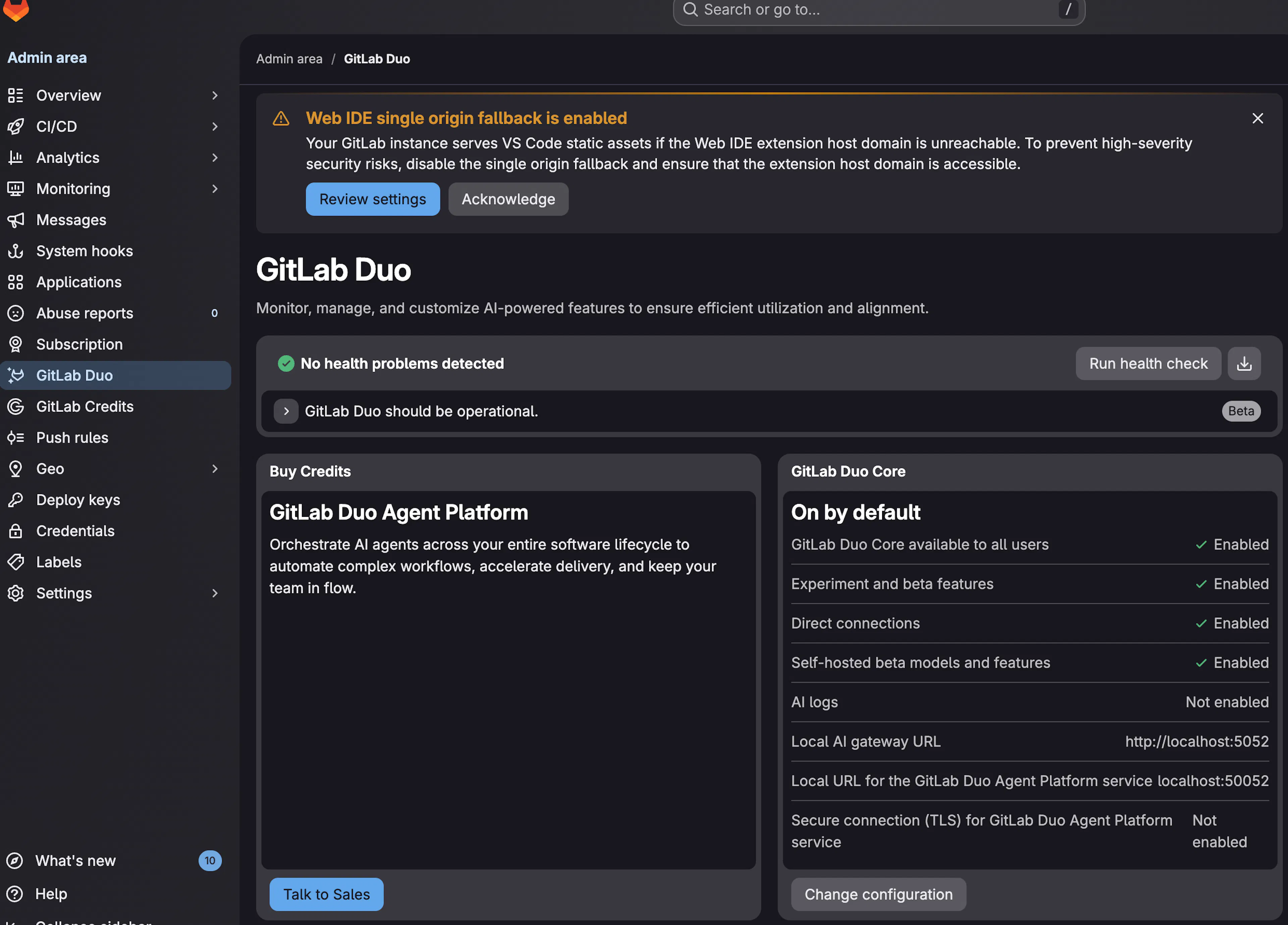 GitLab Duo overview with health check