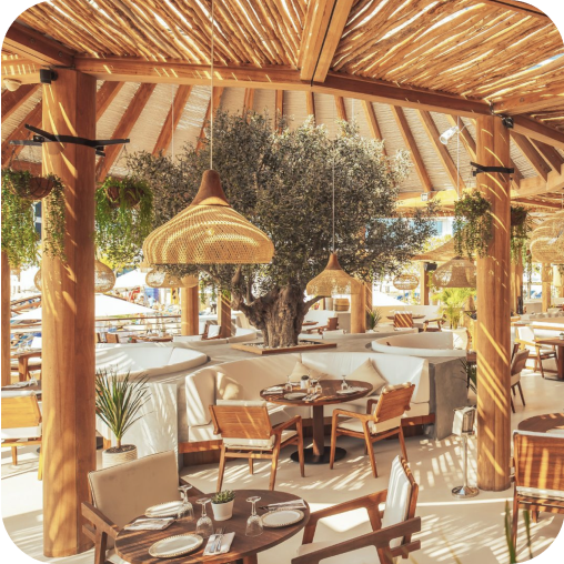 Shaded terrace with plants and dining areas at Ula Dubai, UAE