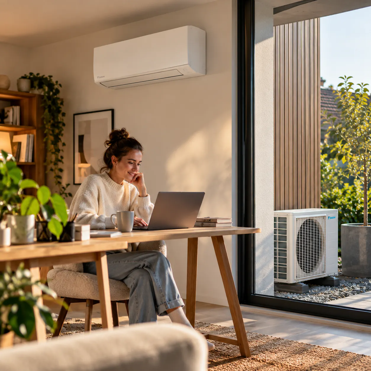 Verwarmen met een airco in de woonkamer tijdens het werken