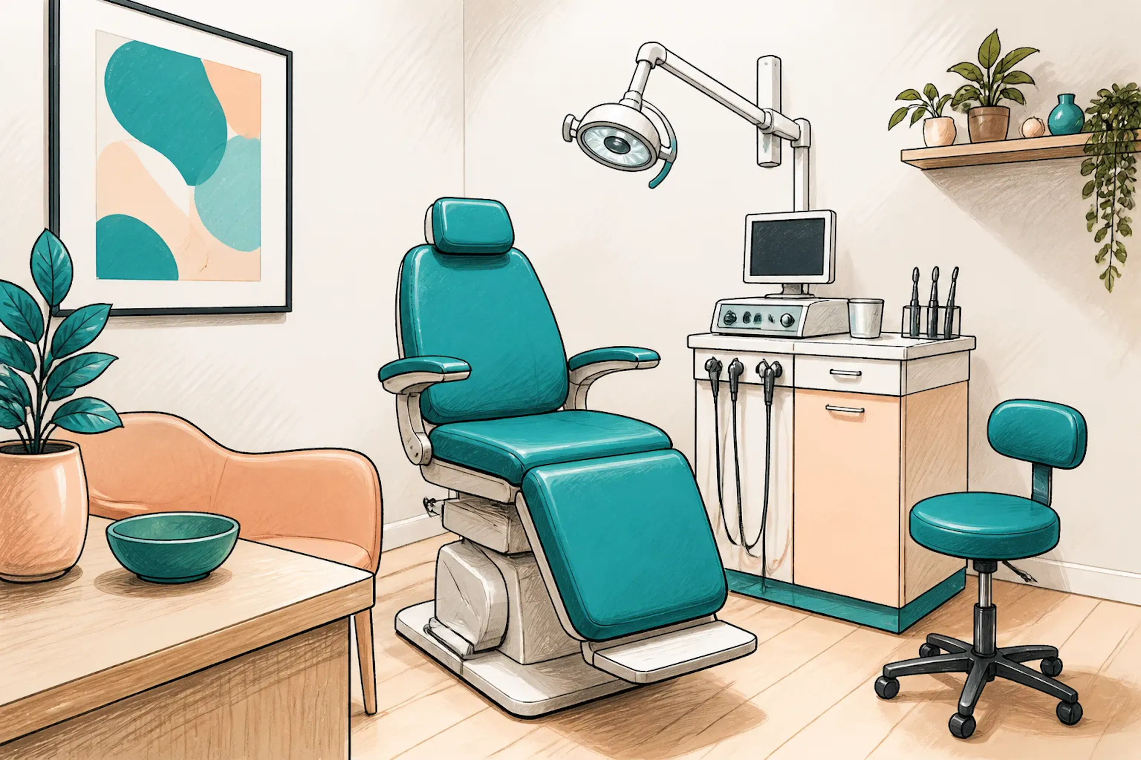 A comfortable consultation room with a treatment chair and clinical lighting