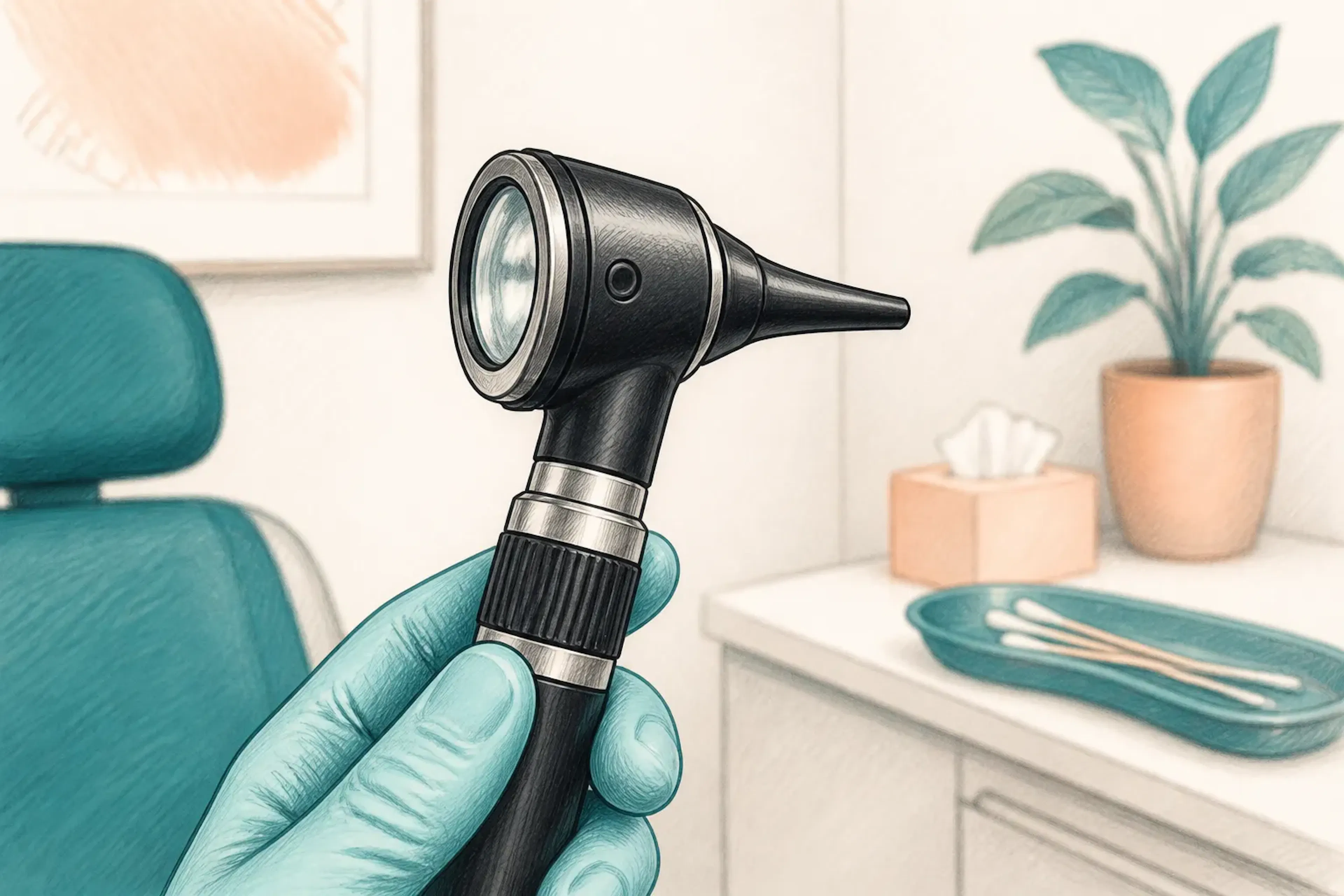 A close-up of an otoscope used during an ear health check