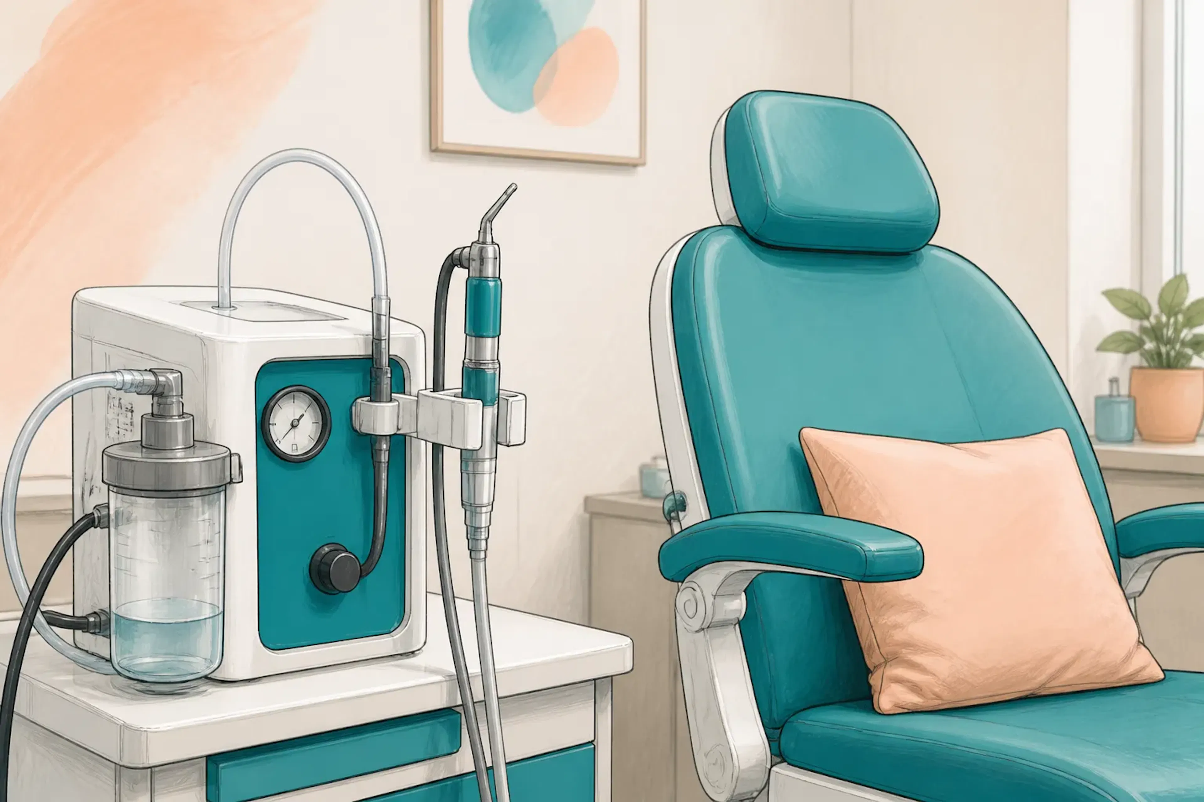 Close-up of microsuction equipment beside a treatment chair