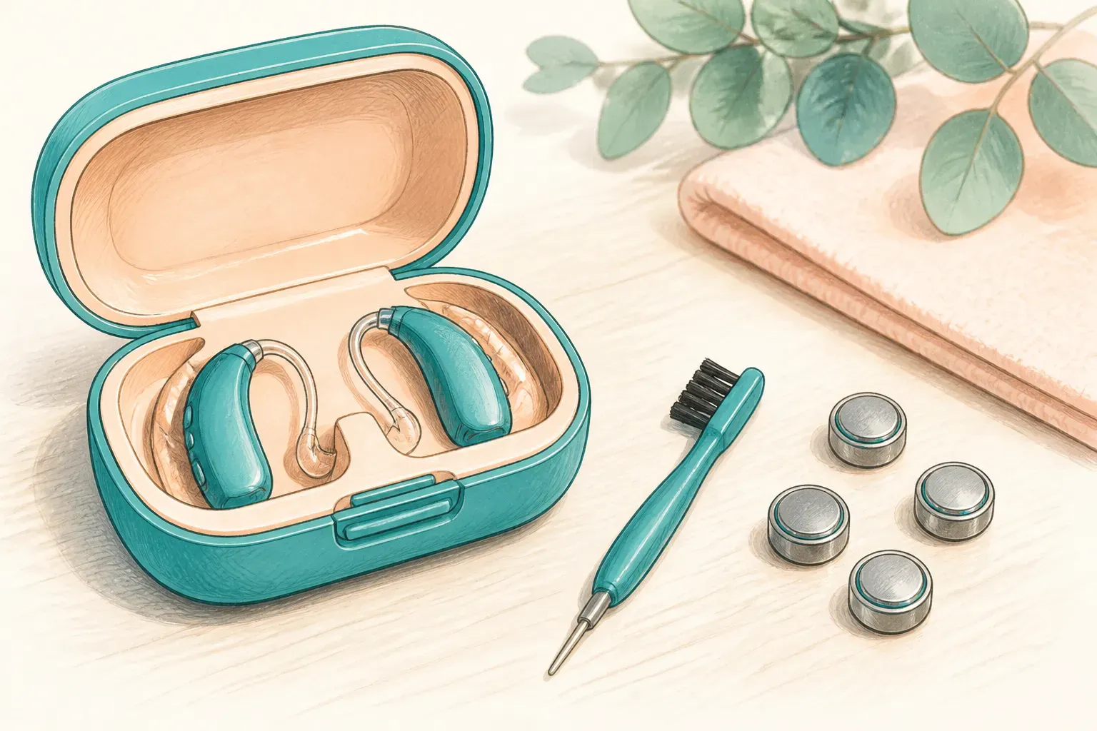 A hearing aid case placed next to a cleaning brush and batteries