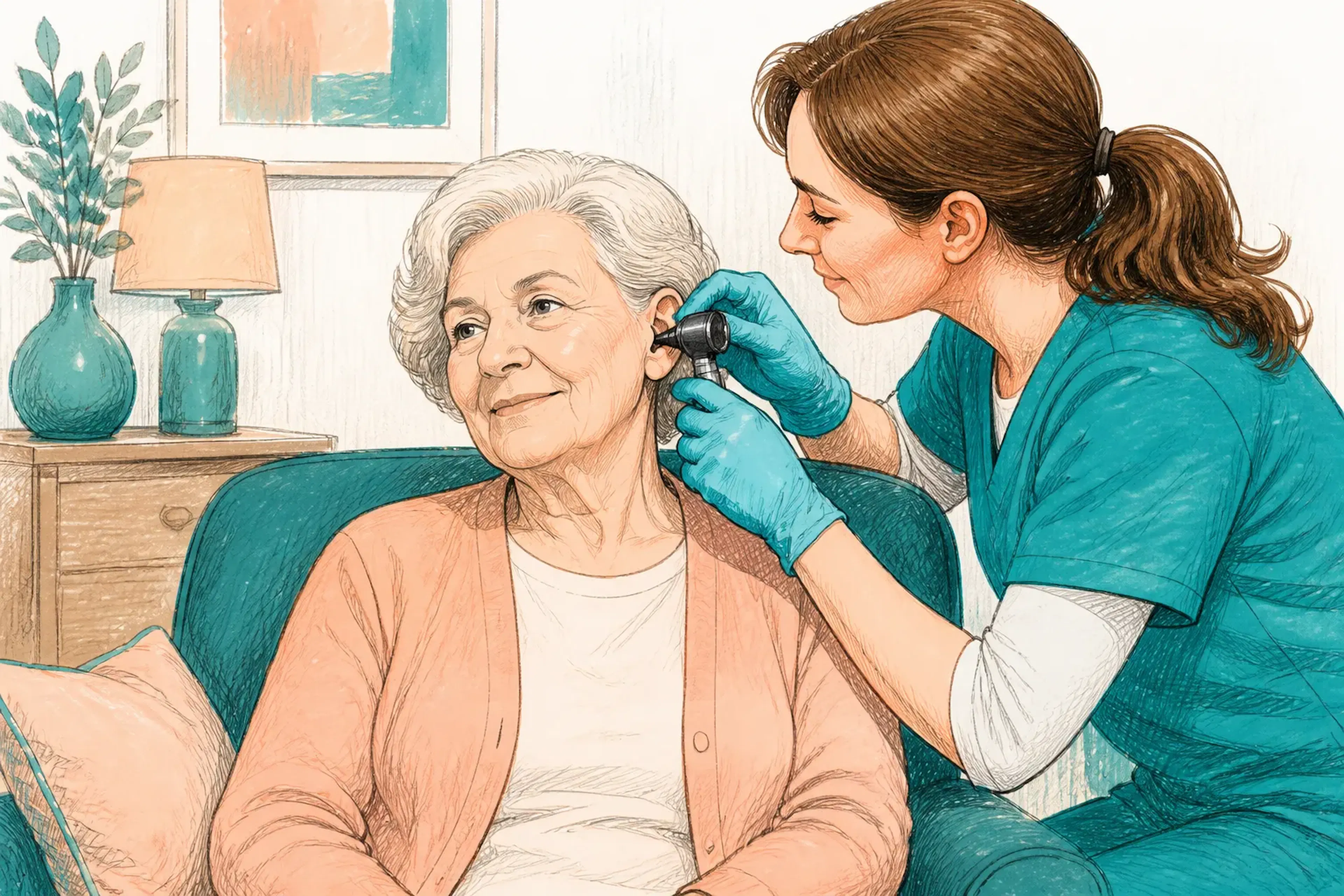 A resident seated comfortably during a gentle ear assessment