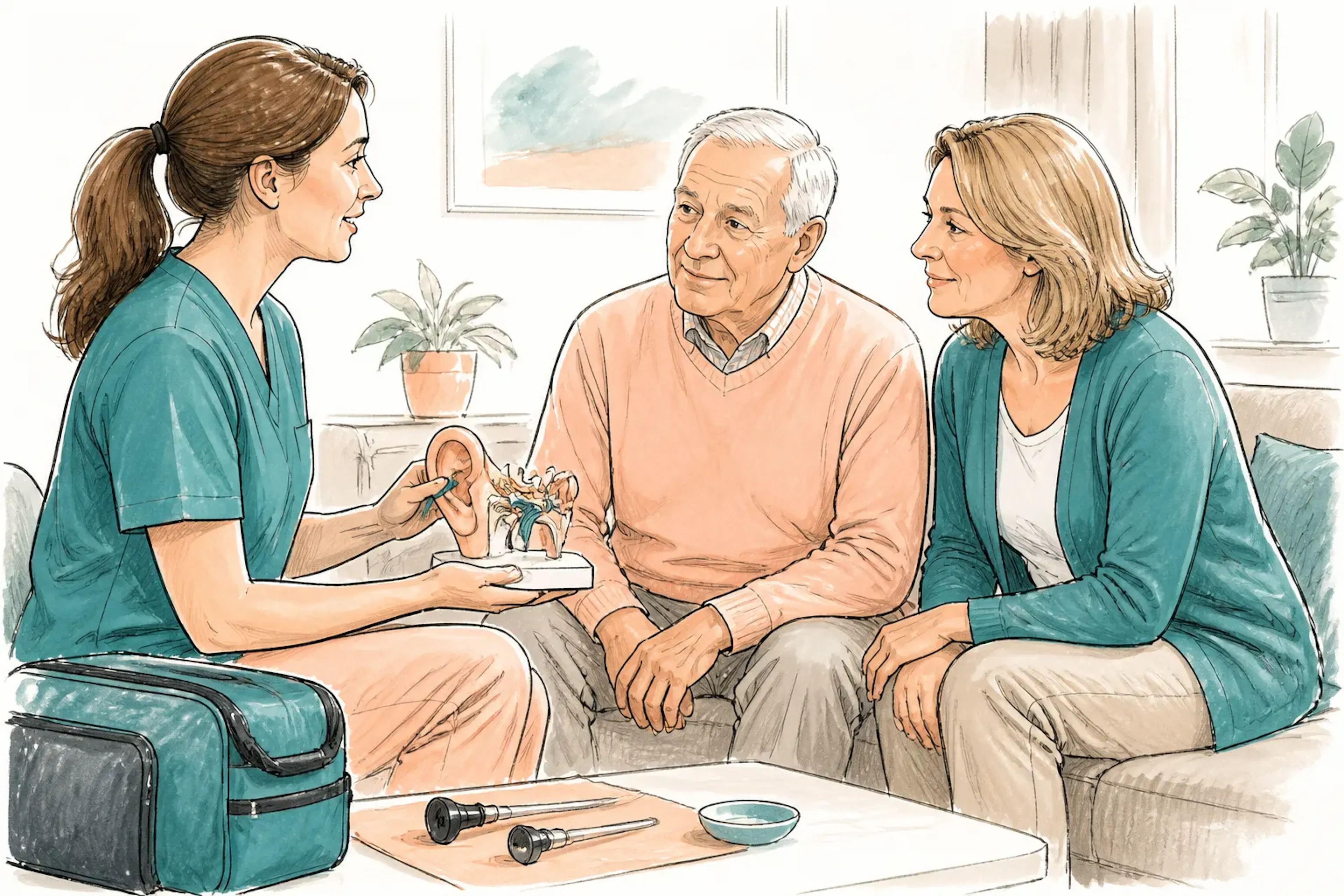 A clinician explaining ear care options to an older patient and family member
