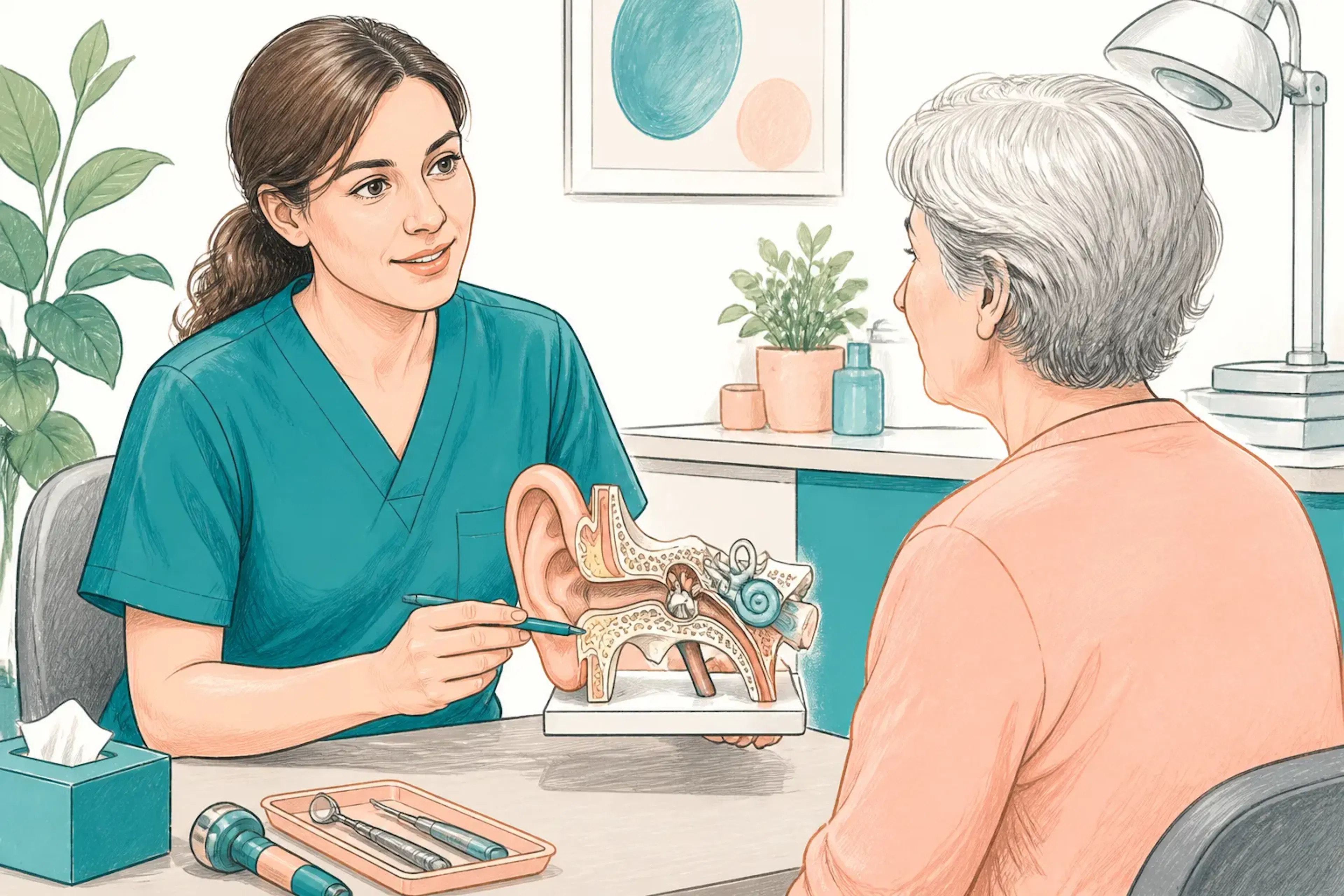 A clinician explaining ear health options to a patient during a consultation