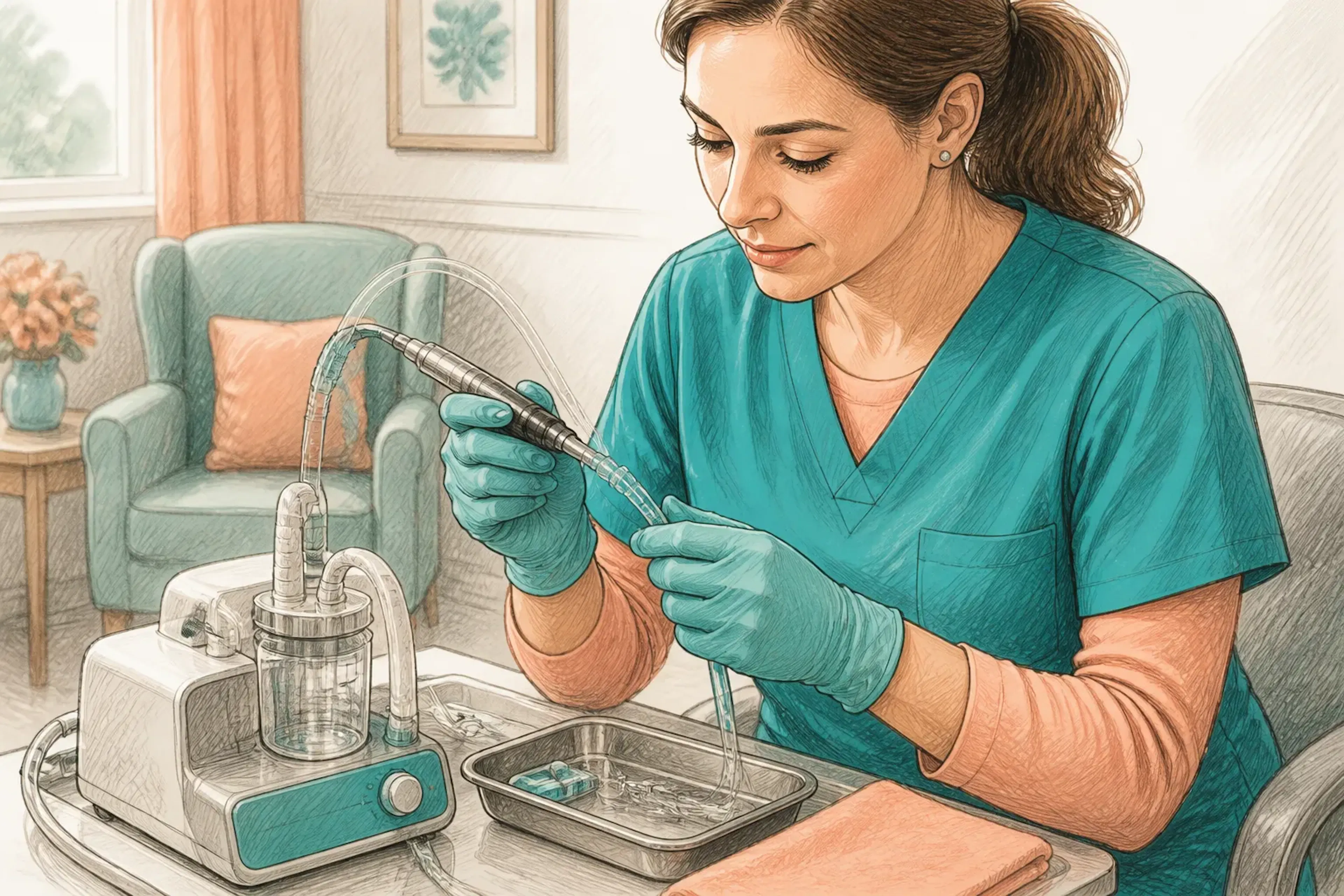 A close-up of an ear care professional preparing microsuction equipment