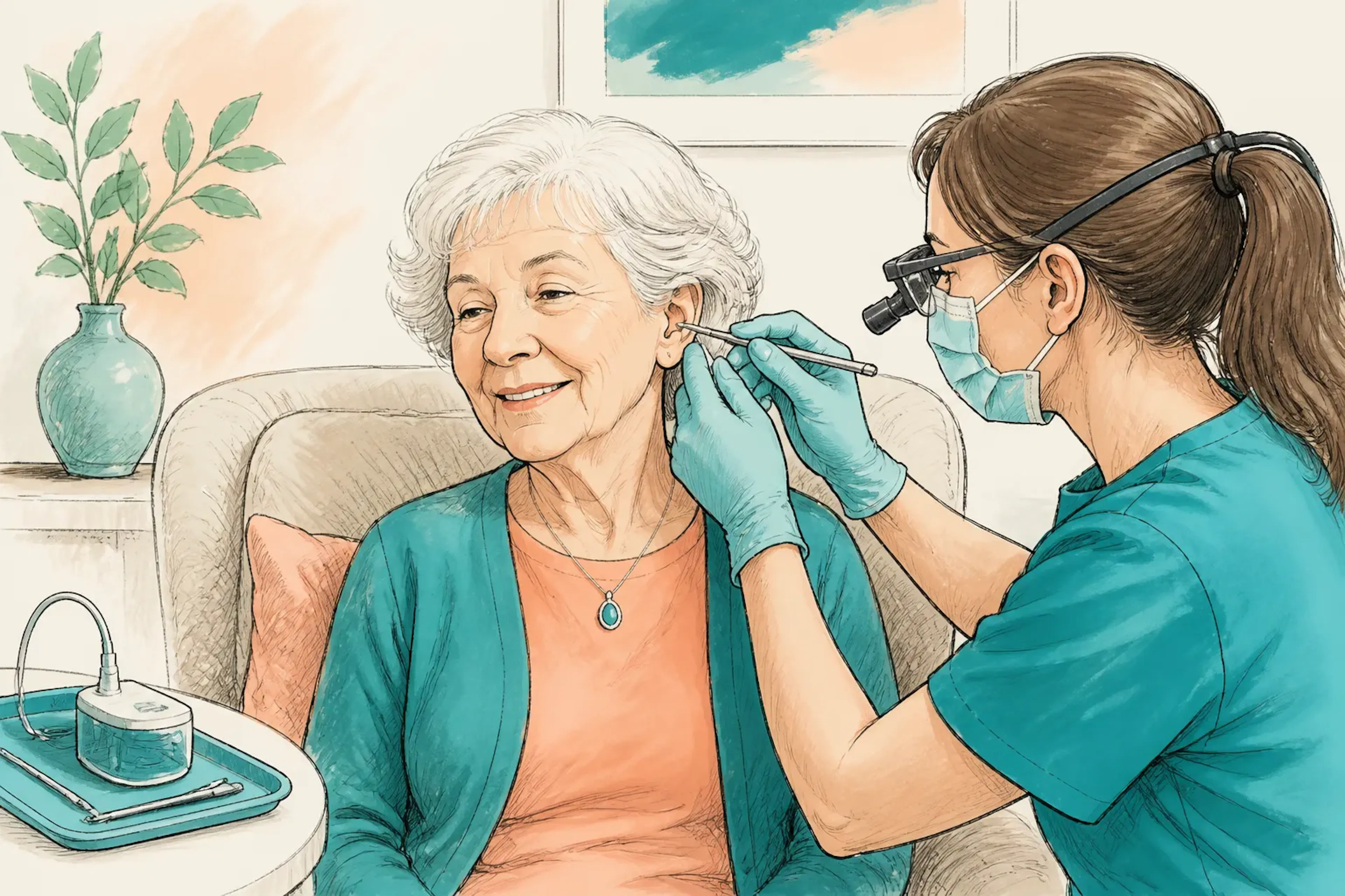 An older person receiving earwax removal treatment while seated comfortably