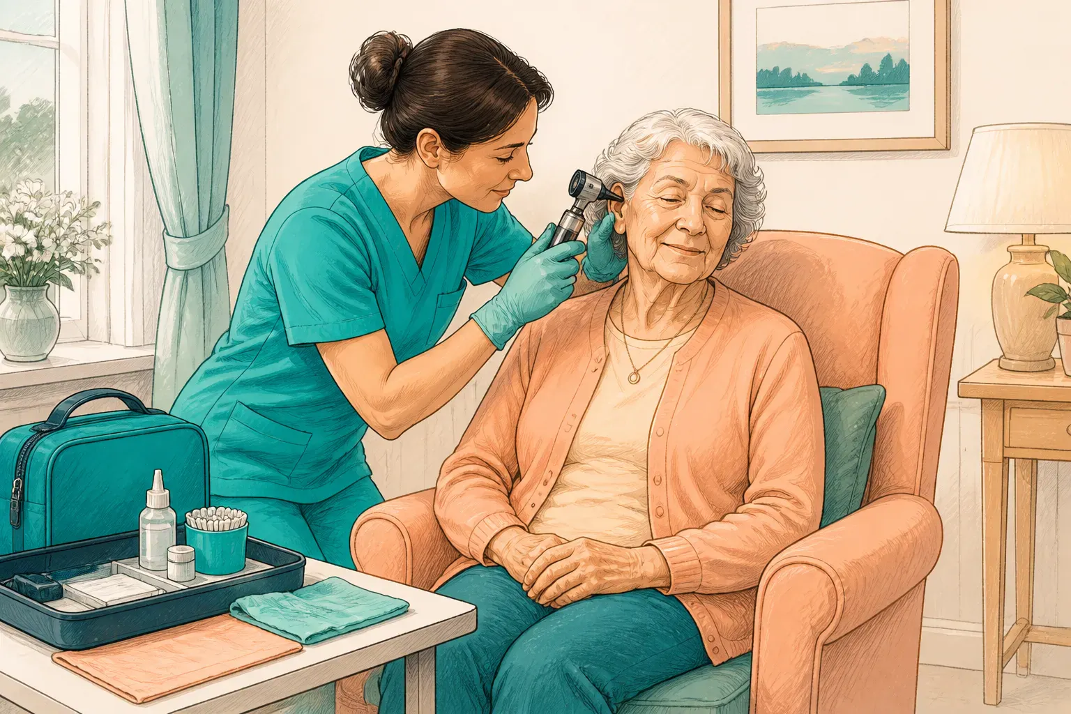 A mobile ear care appointment set up in a private room inside a care home