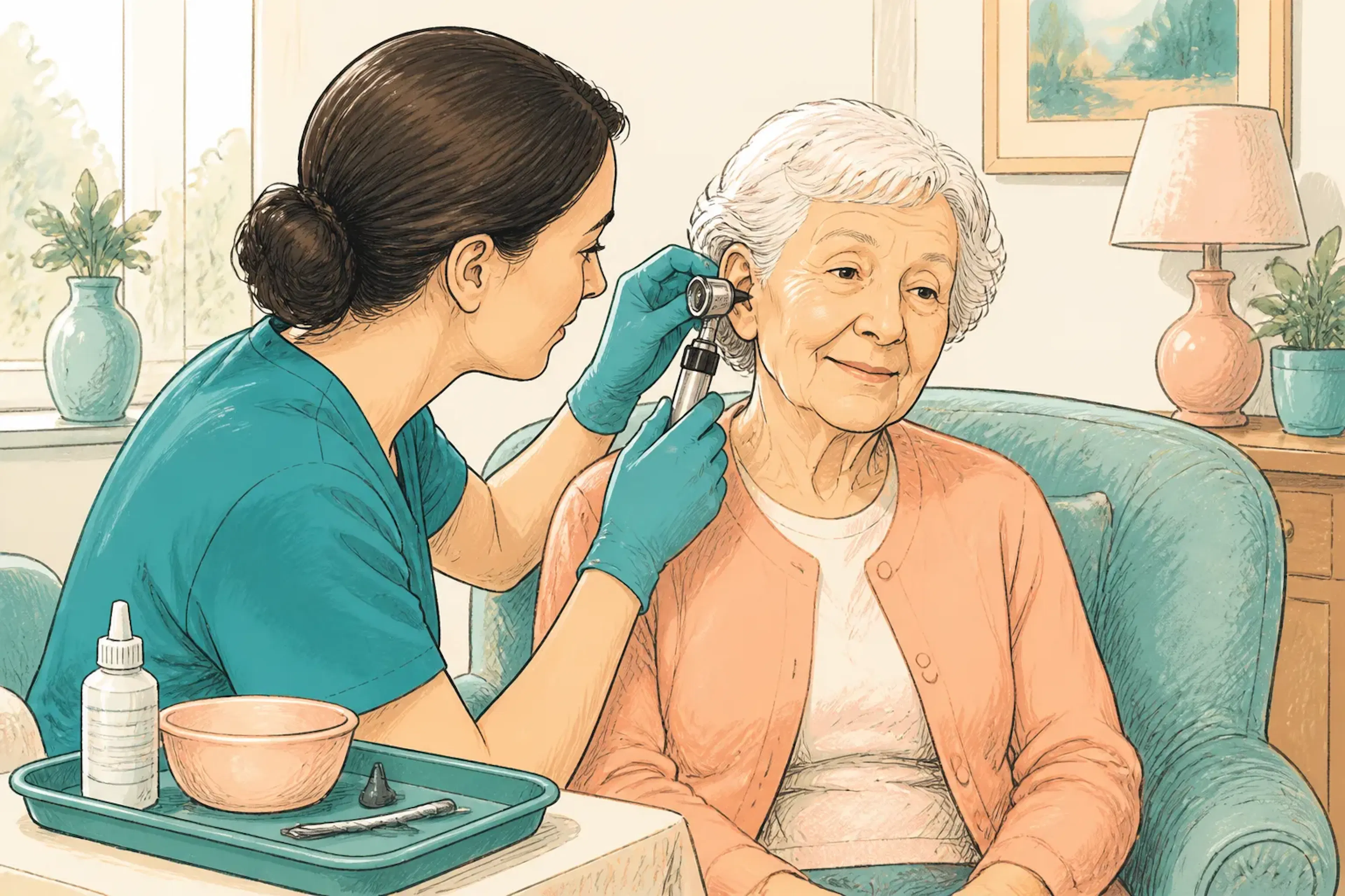 A care home resident receiving a gentle ear examination from a specialist