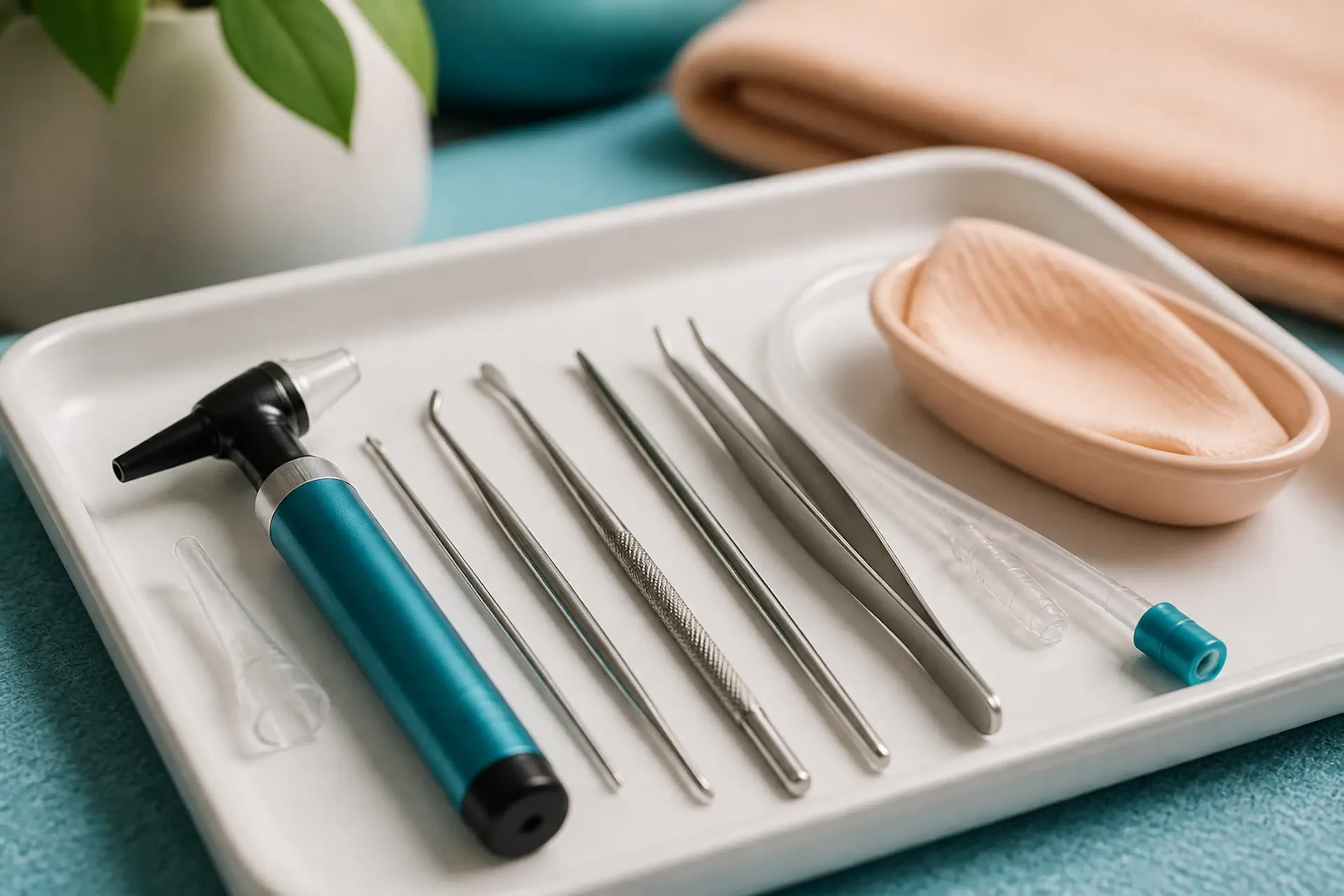 A close-up of earwax removal instruments laid out on a clean tray