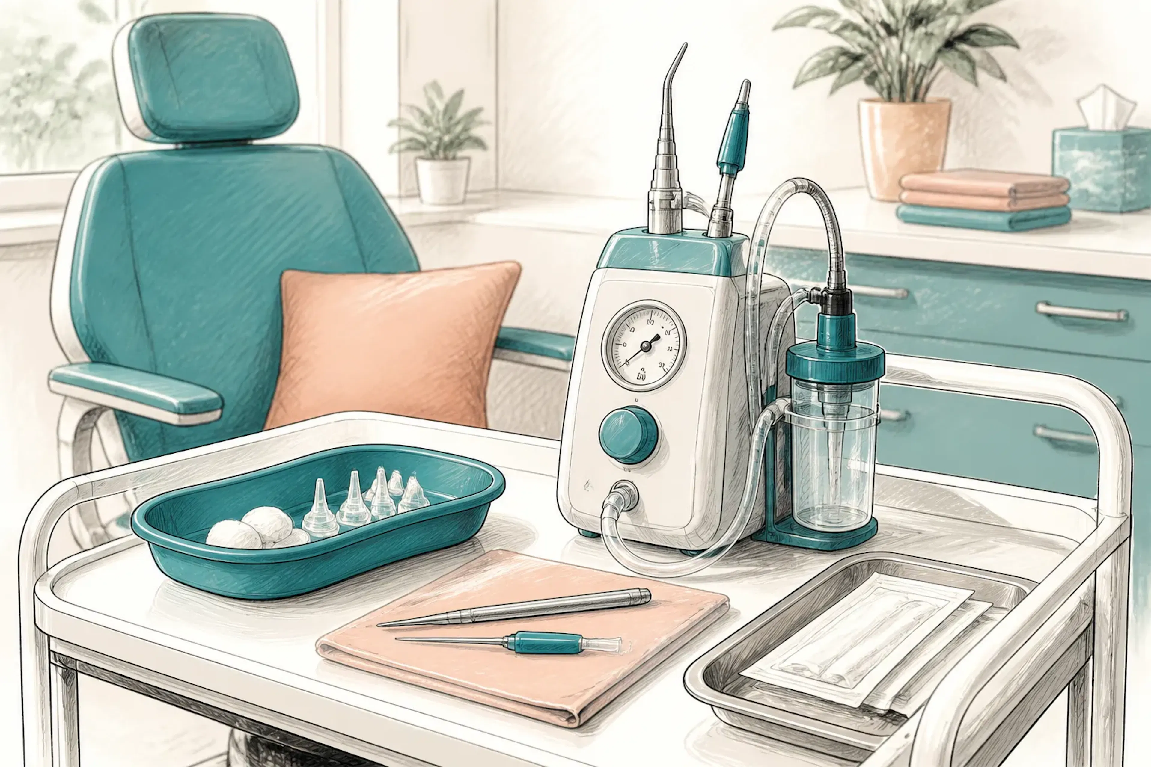Microsuction equipment prepared on a clean treatment trolley in a clinic