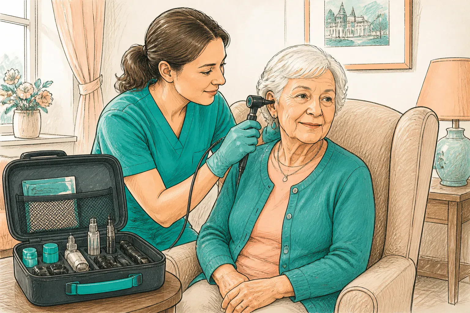 A mobile ear care visit setup with portable treatment kit in a care home room