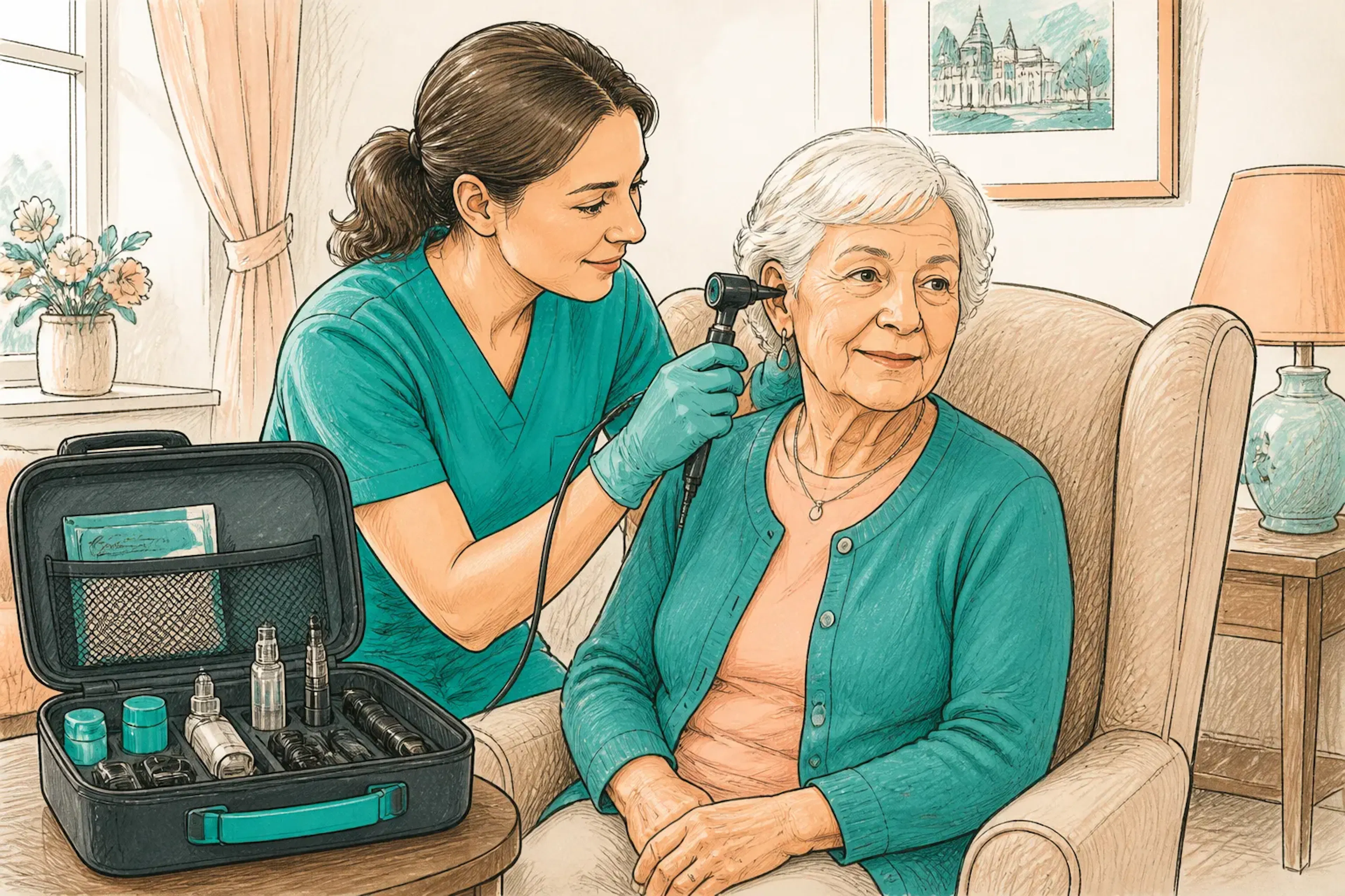 A mobile ear care visit setup with portable treatment kit in a care home room