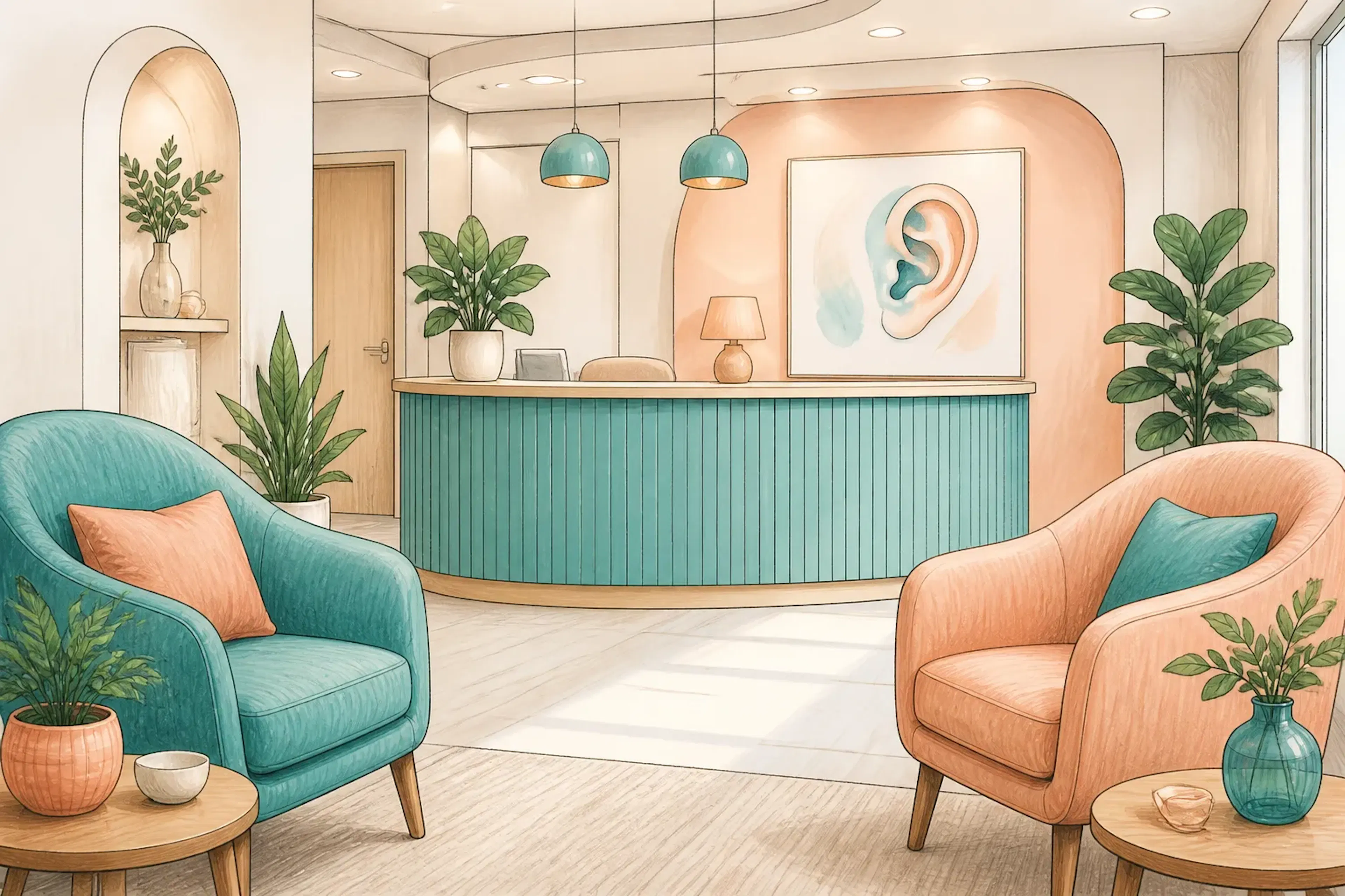 A clean private clinic reception area with calm seating and soft lighting