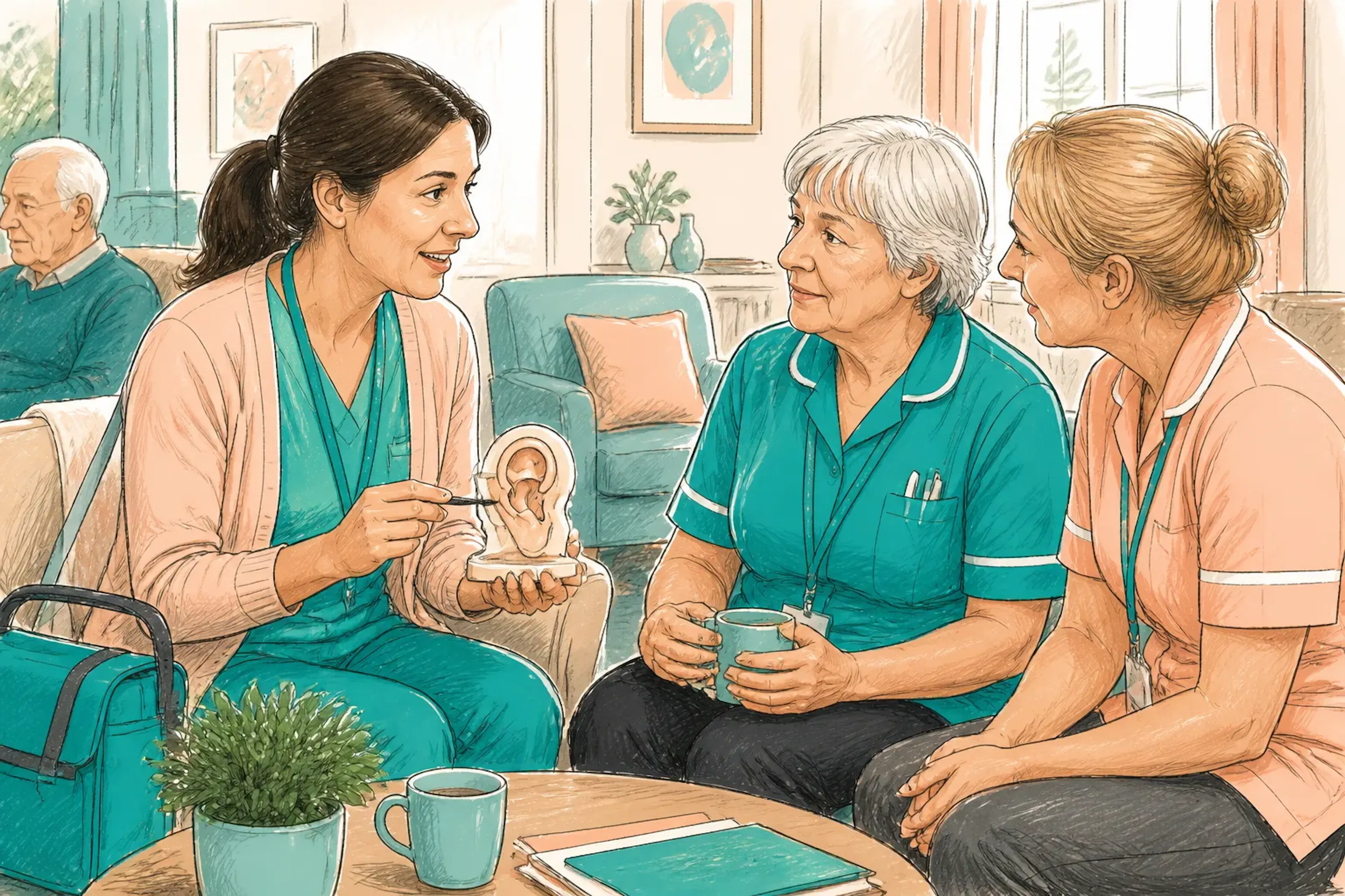 A visiting clinician discussing ear care with care home staff in a communal room
