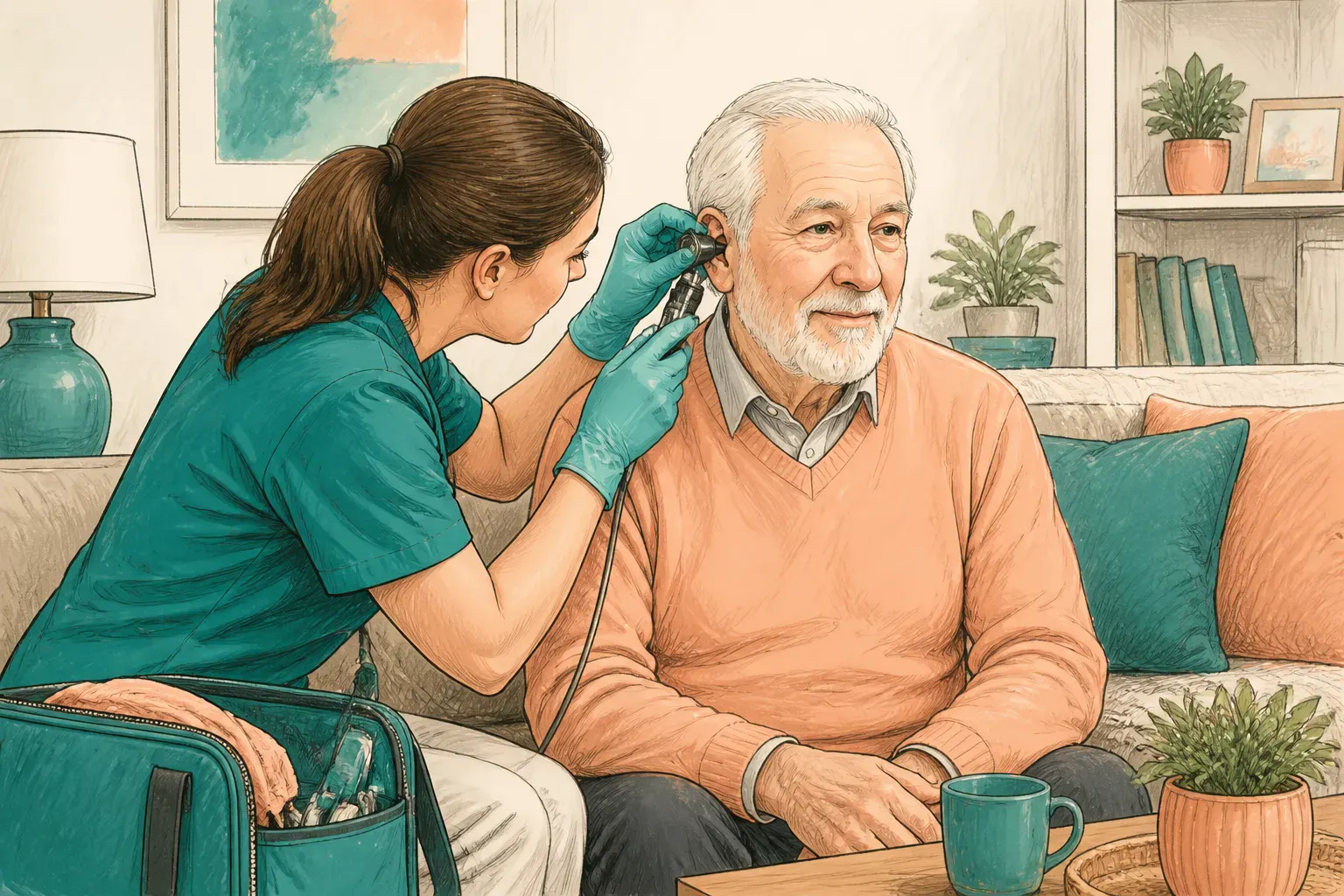 An ear examination being carried out in a comfortable living room setting
