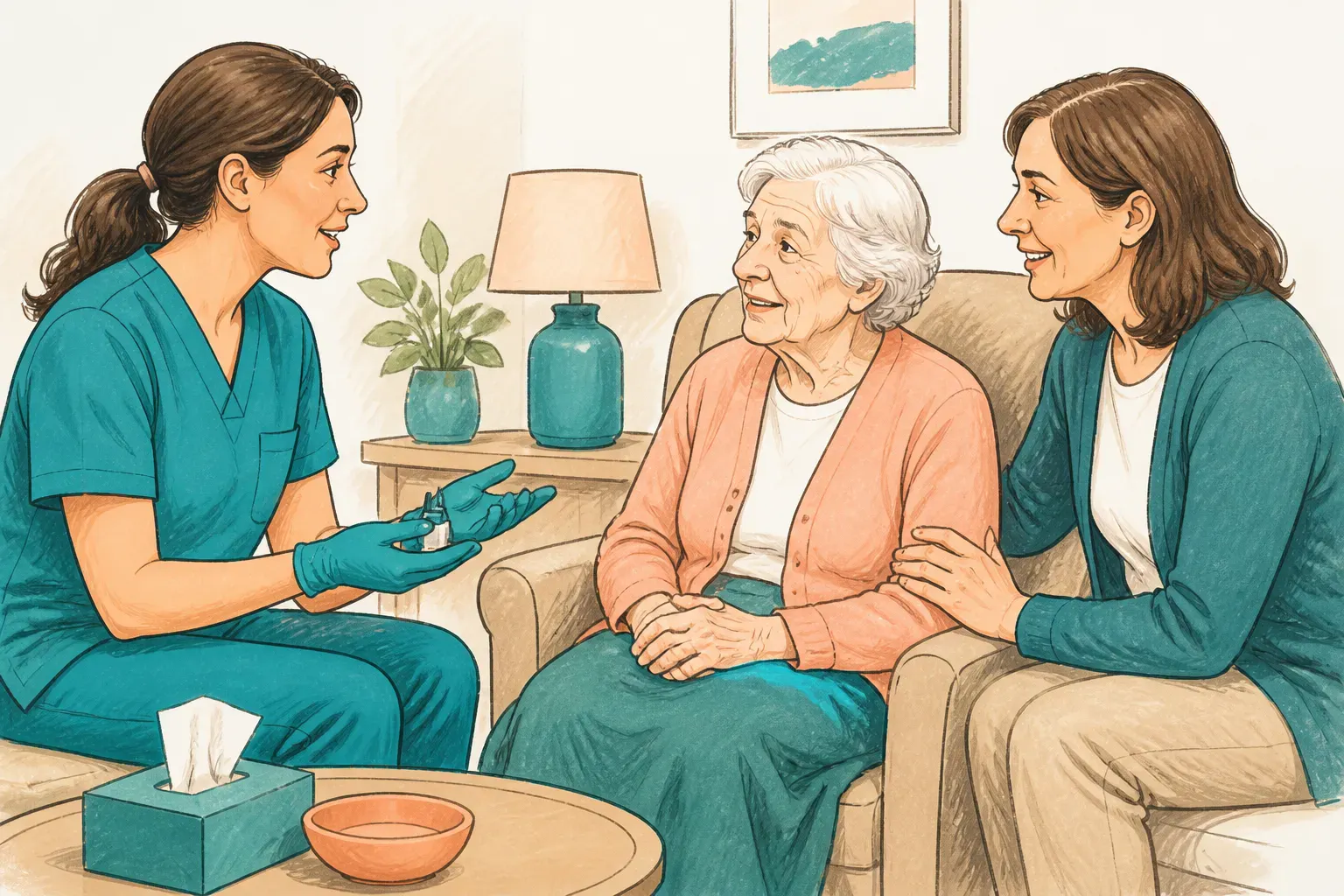 A clinician explaining aftercare advice to a patient and carer