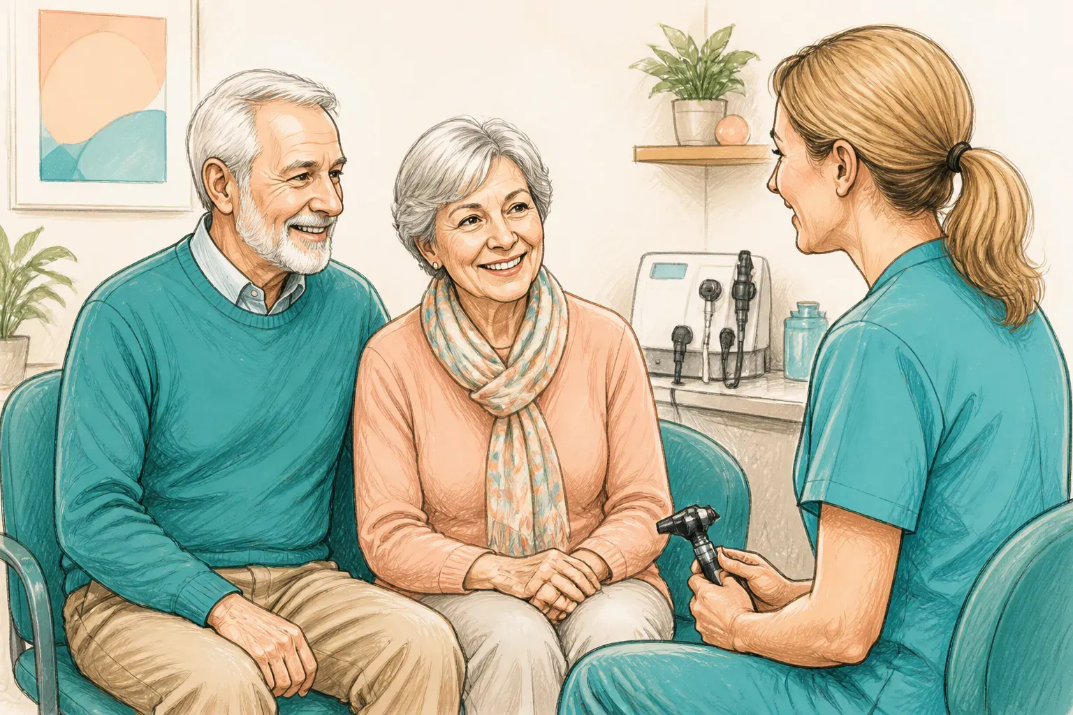 An older couple sitting together during an ear health appointment