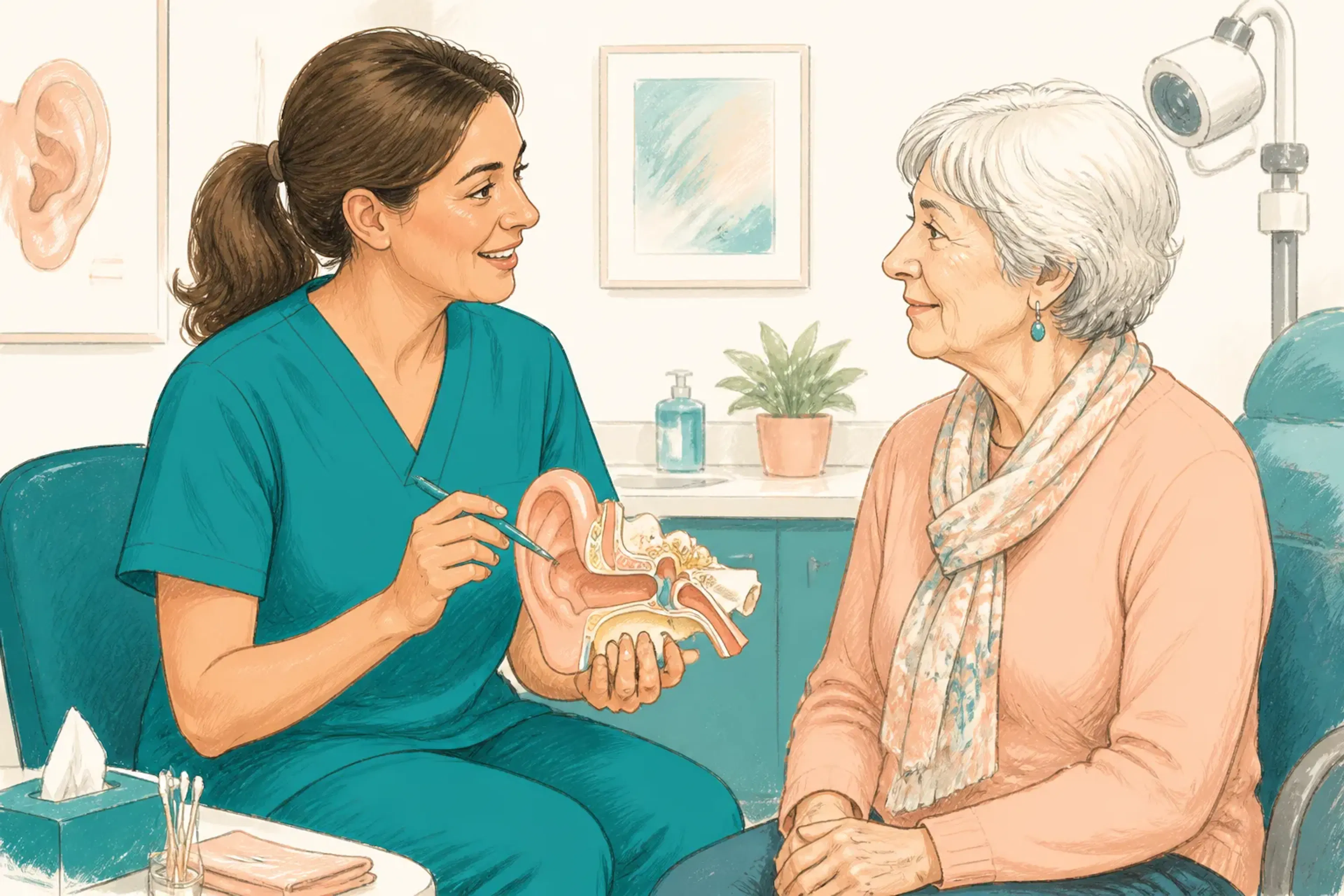 A clinician explaining ear care advice to an older patient