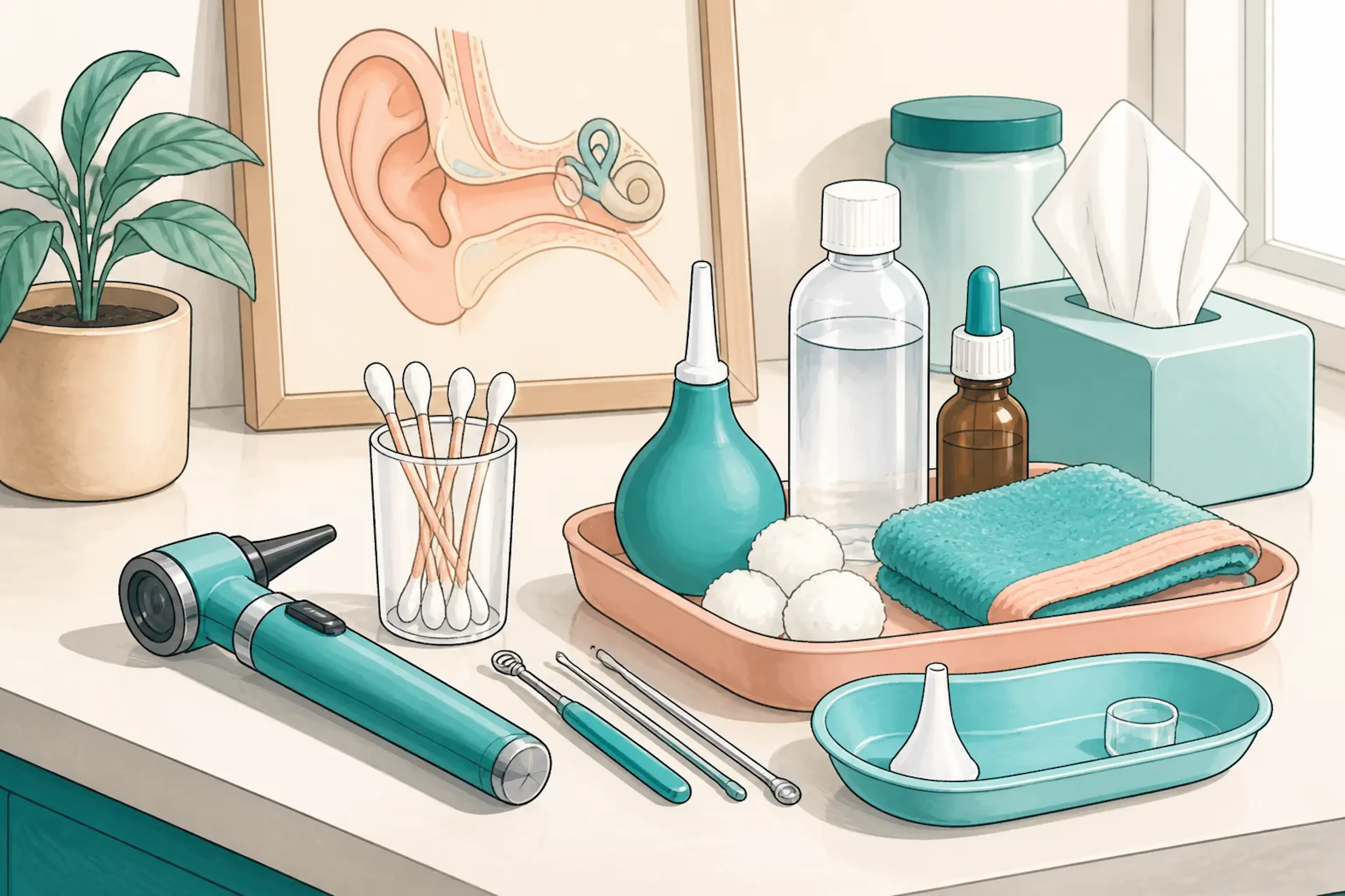 A set of ear care items arranged neatly on a medical counter
