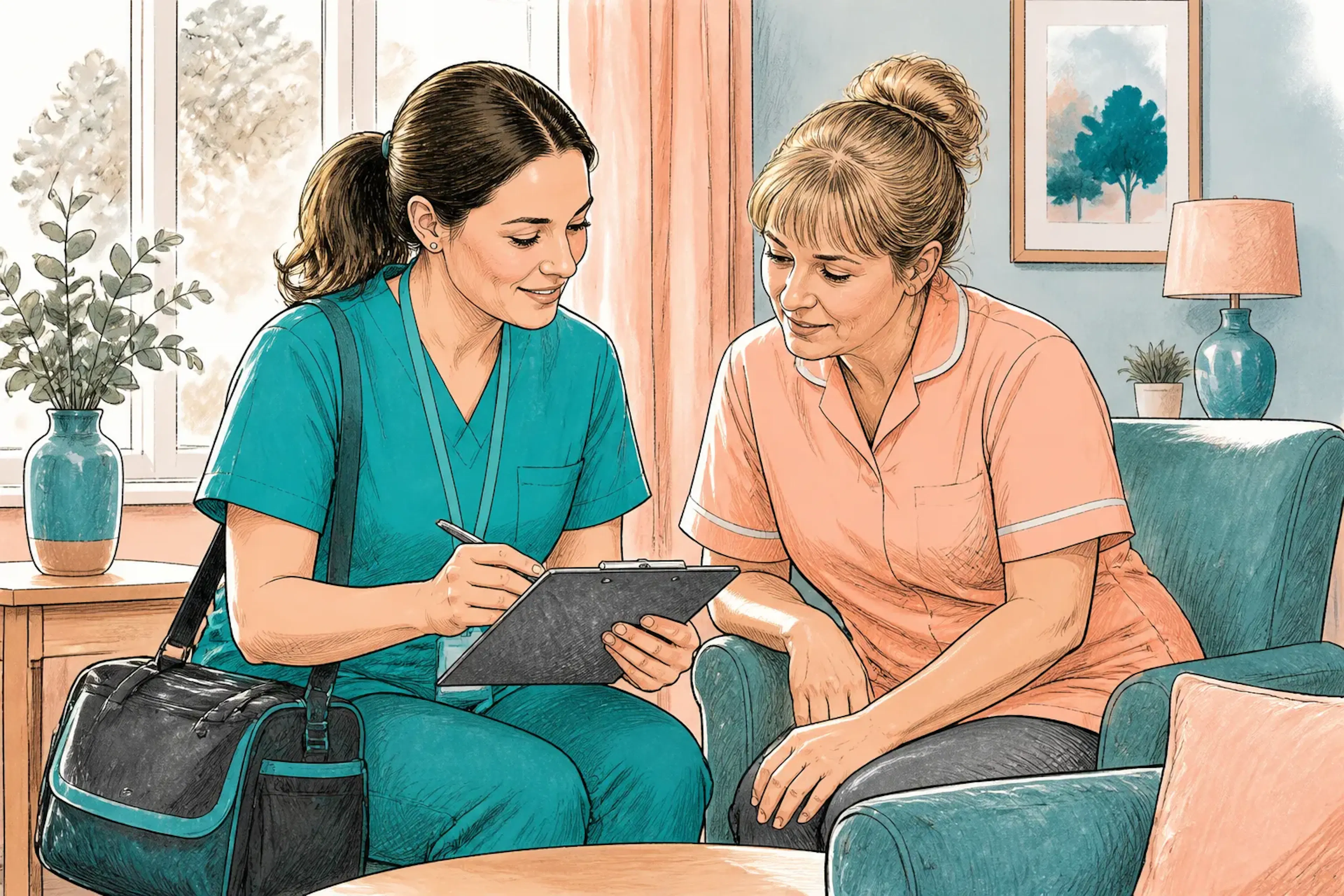 A clinician reviewing notes with a care worker after an on-site visit
