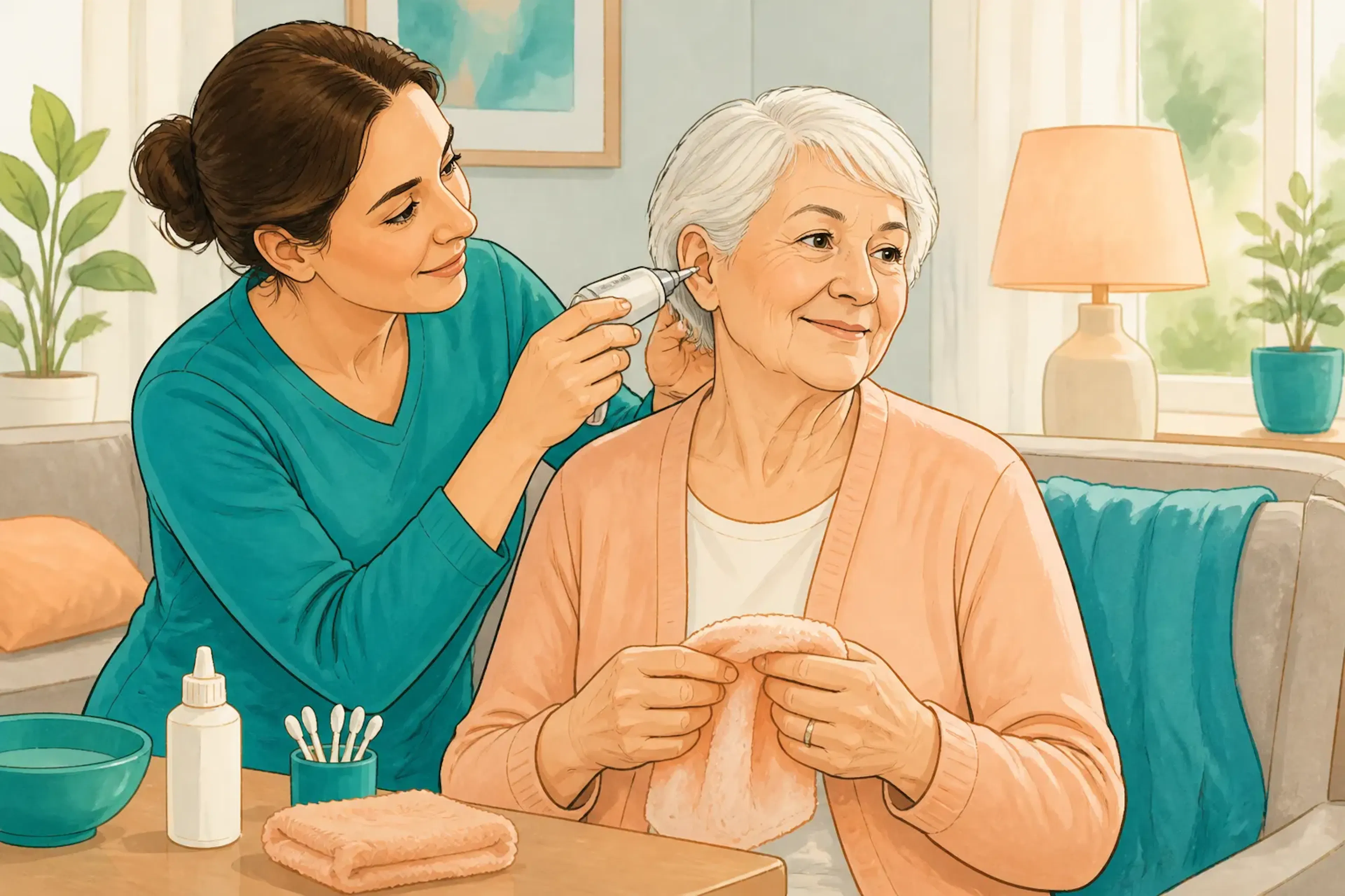 A family member helping an older relative prepare for ear care at home