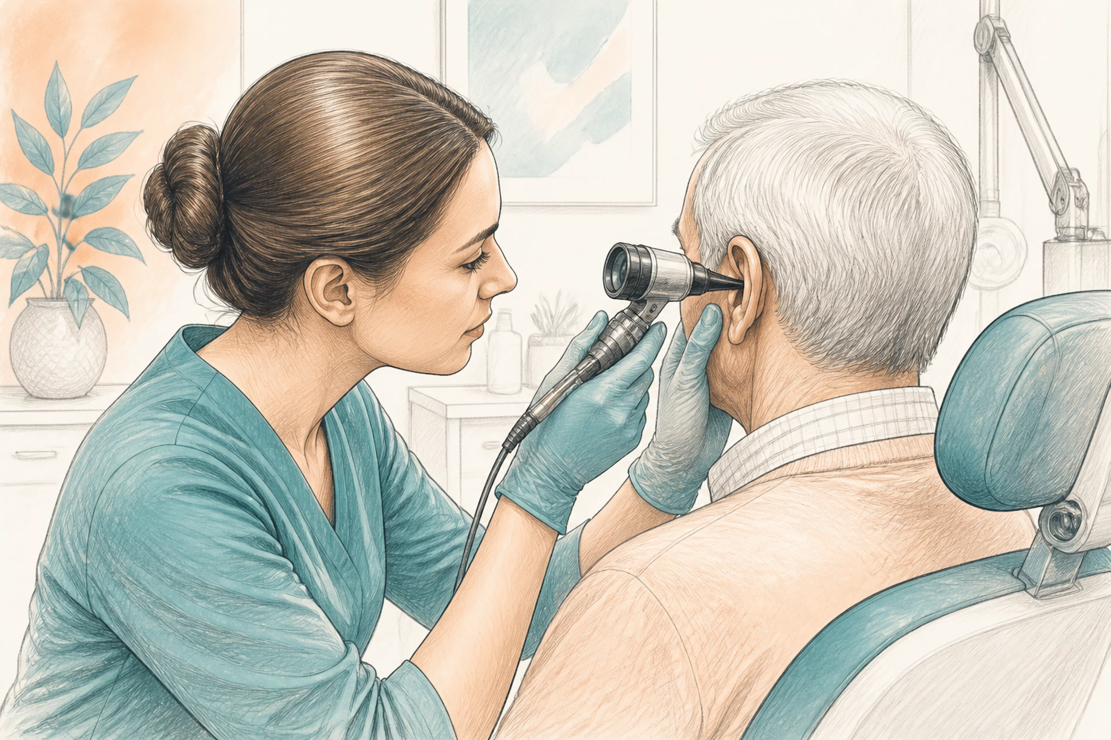 Audiologist examining an ear before microsuction treatment