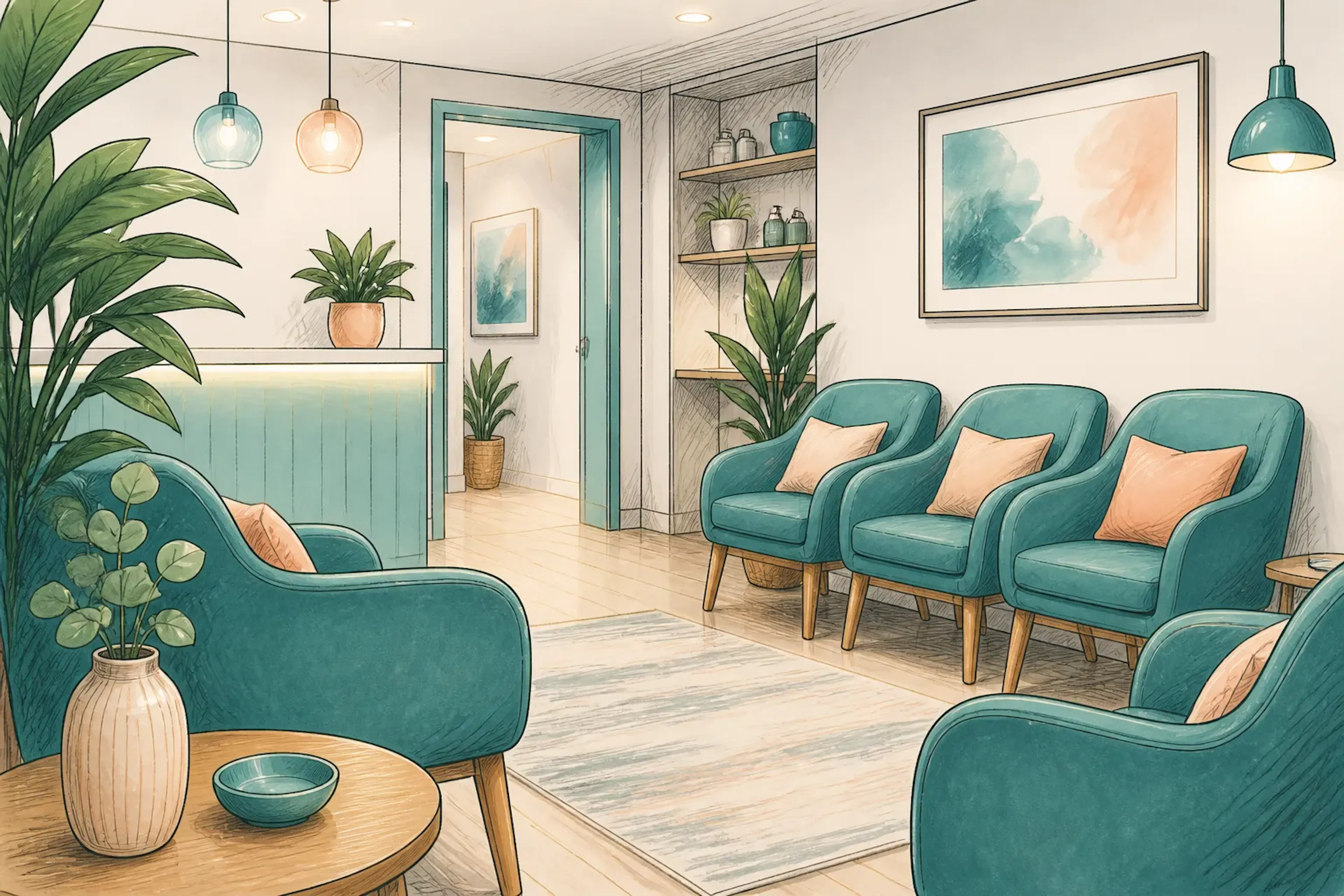 A waiting area in a specialist ear clinic with comfortable seating