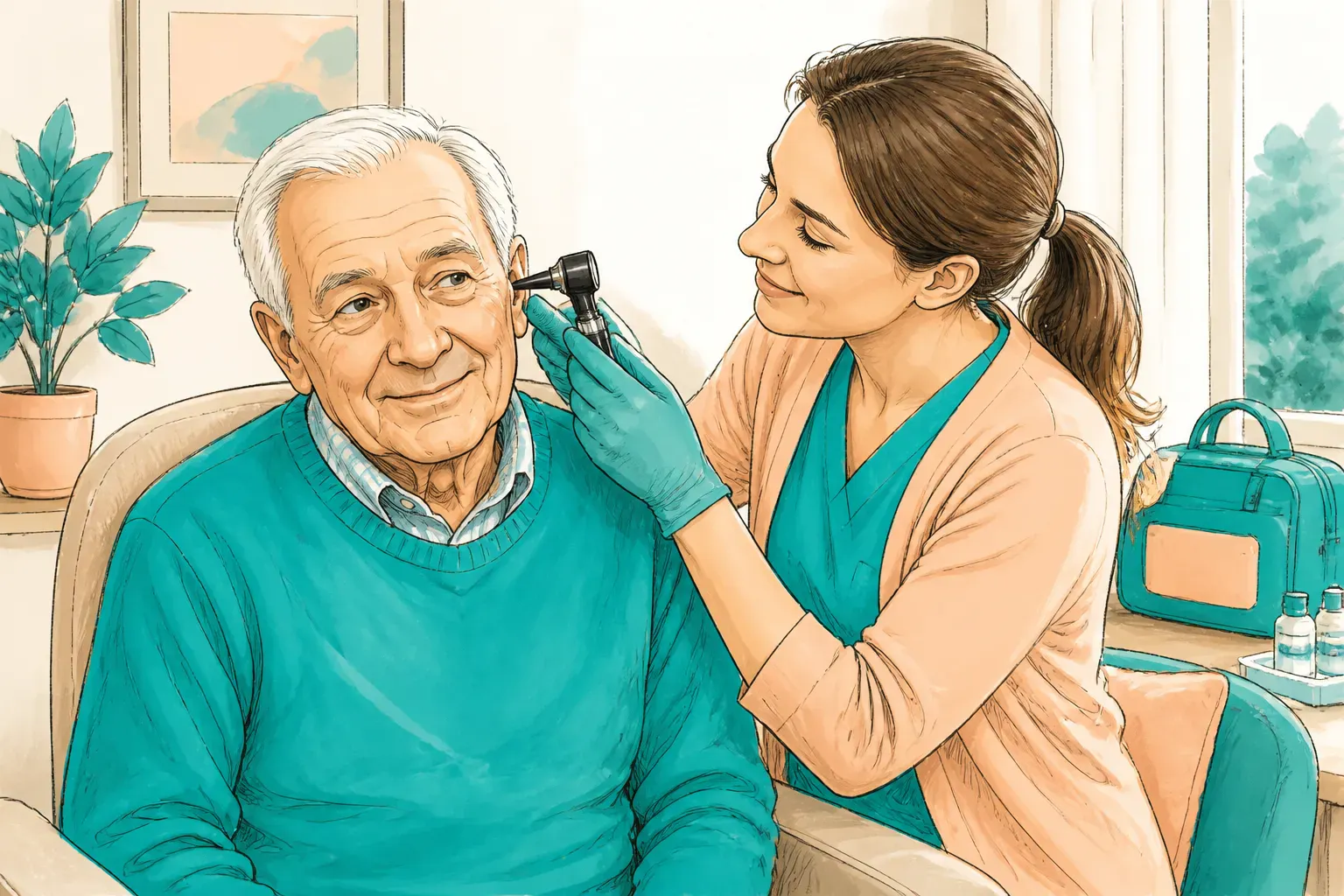 A care worker supporting an older resident during an ear health appointment