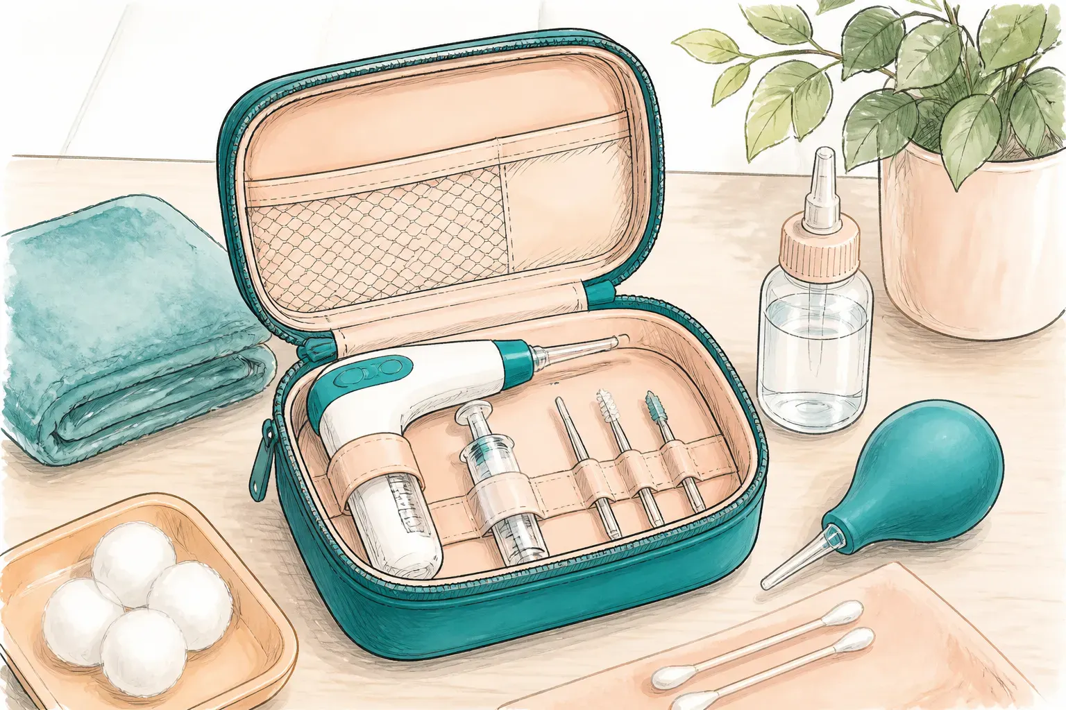 A compact earwax removal kit laid out on a clean table