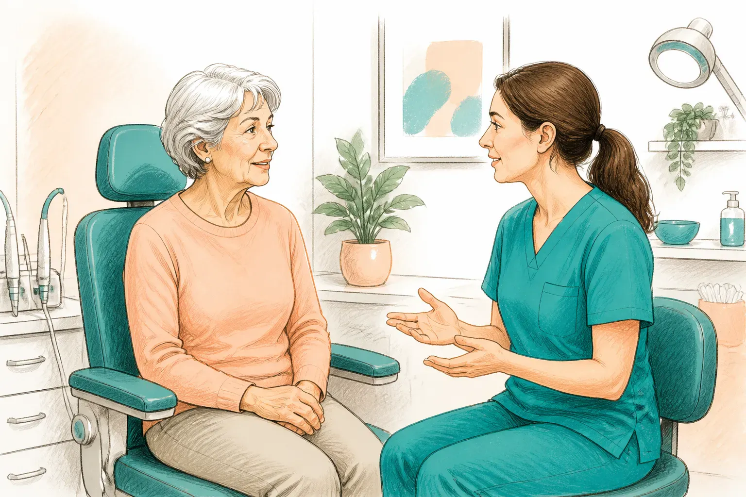 A patient speaking with a clinician before earwax treatment in a calm clinic setting