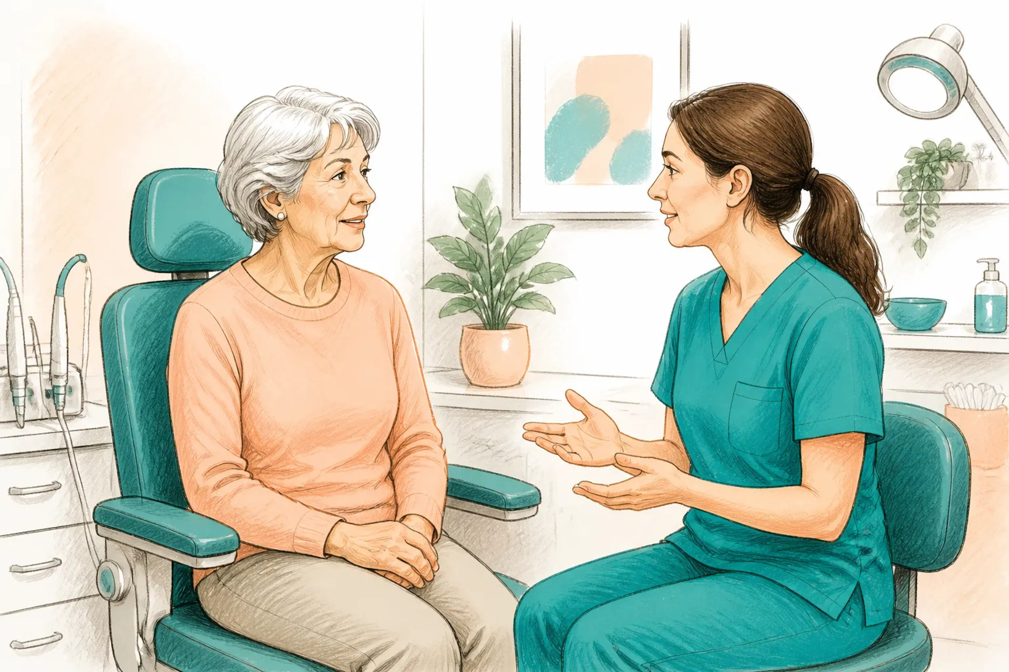 A patient speaking with a clinician before earwax treatment in a calm clinic setting