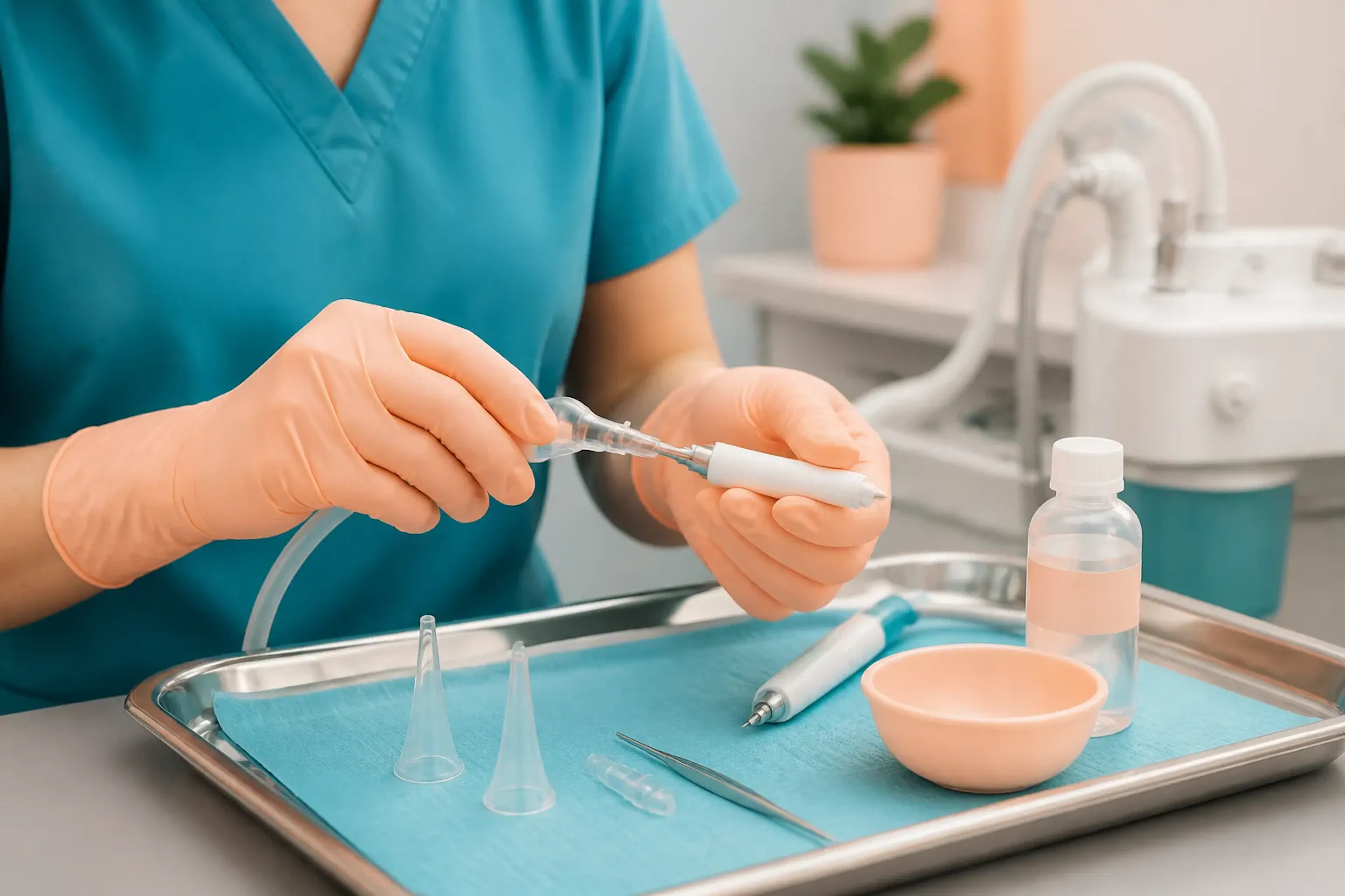 A close-up of a clinician preparing ear wax removal equipment on a clean tray