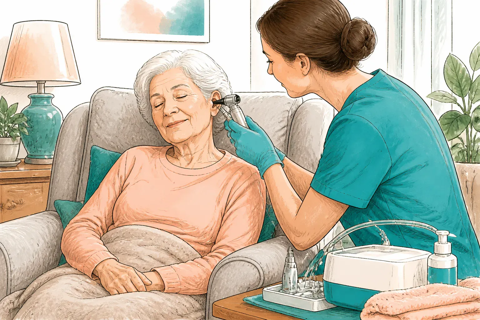 A patient relaxing during a home ear care appointment