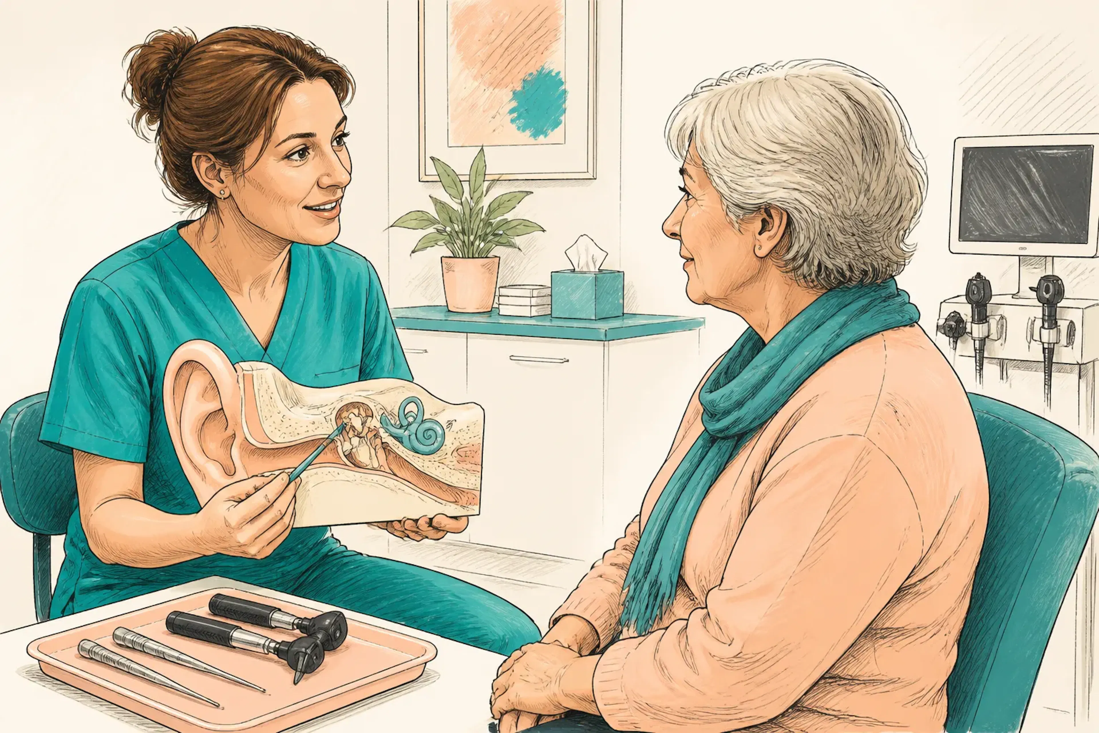 A clinician explaining treatment options to a patient before an ear procedure