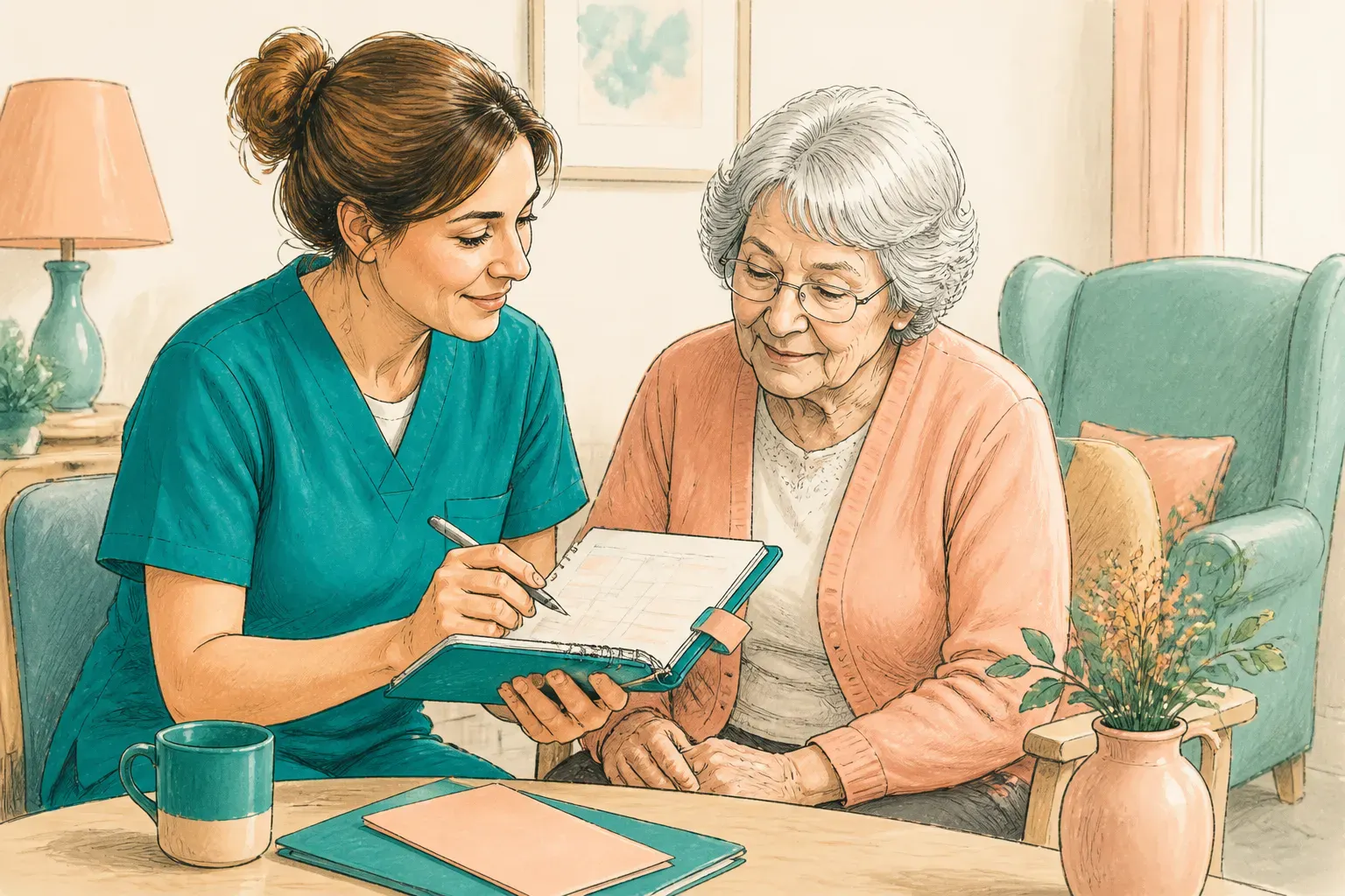 A care worker helping arrange a resident's appointment details