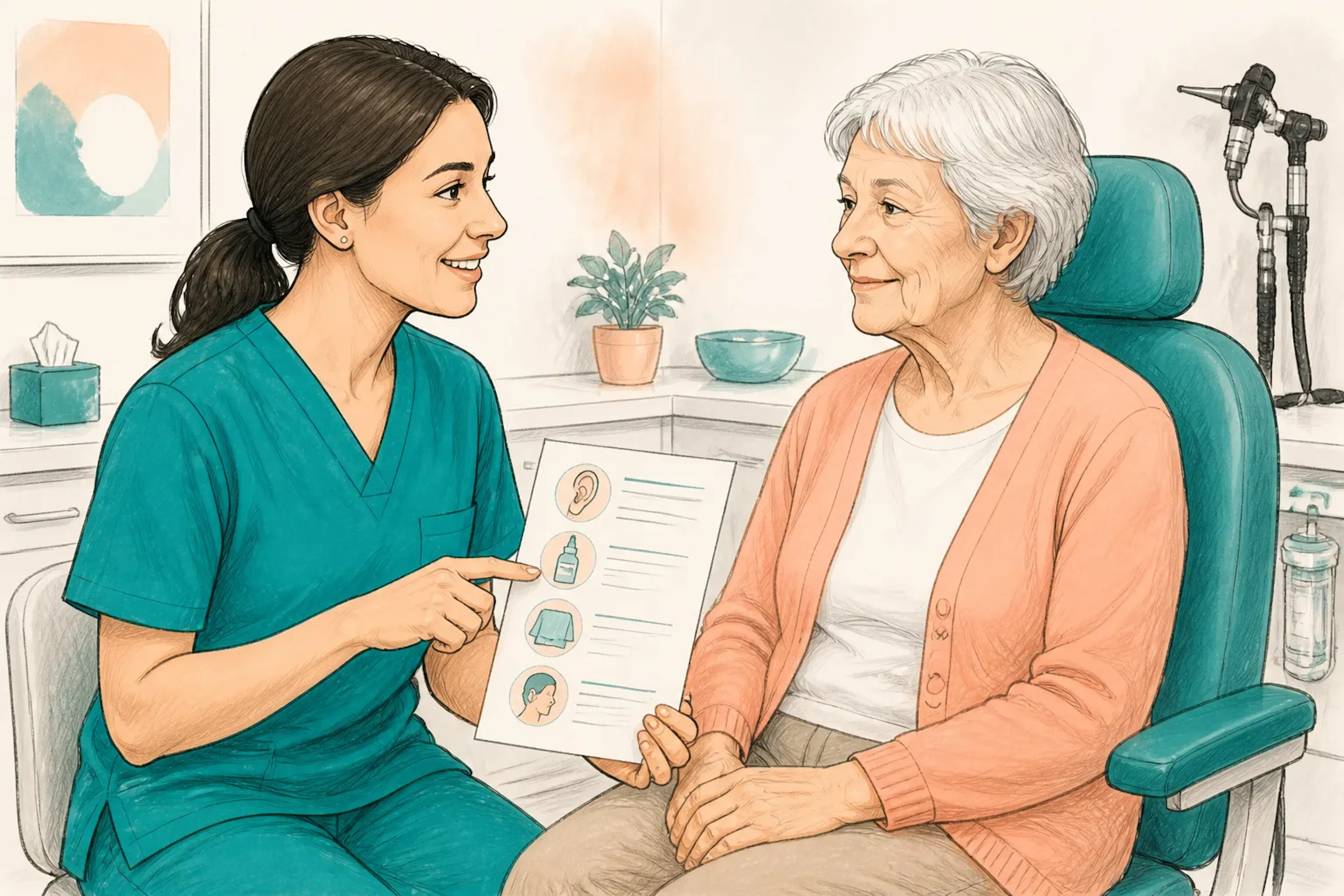 A clinician explaining aftercare advice to a senior patient after treatment