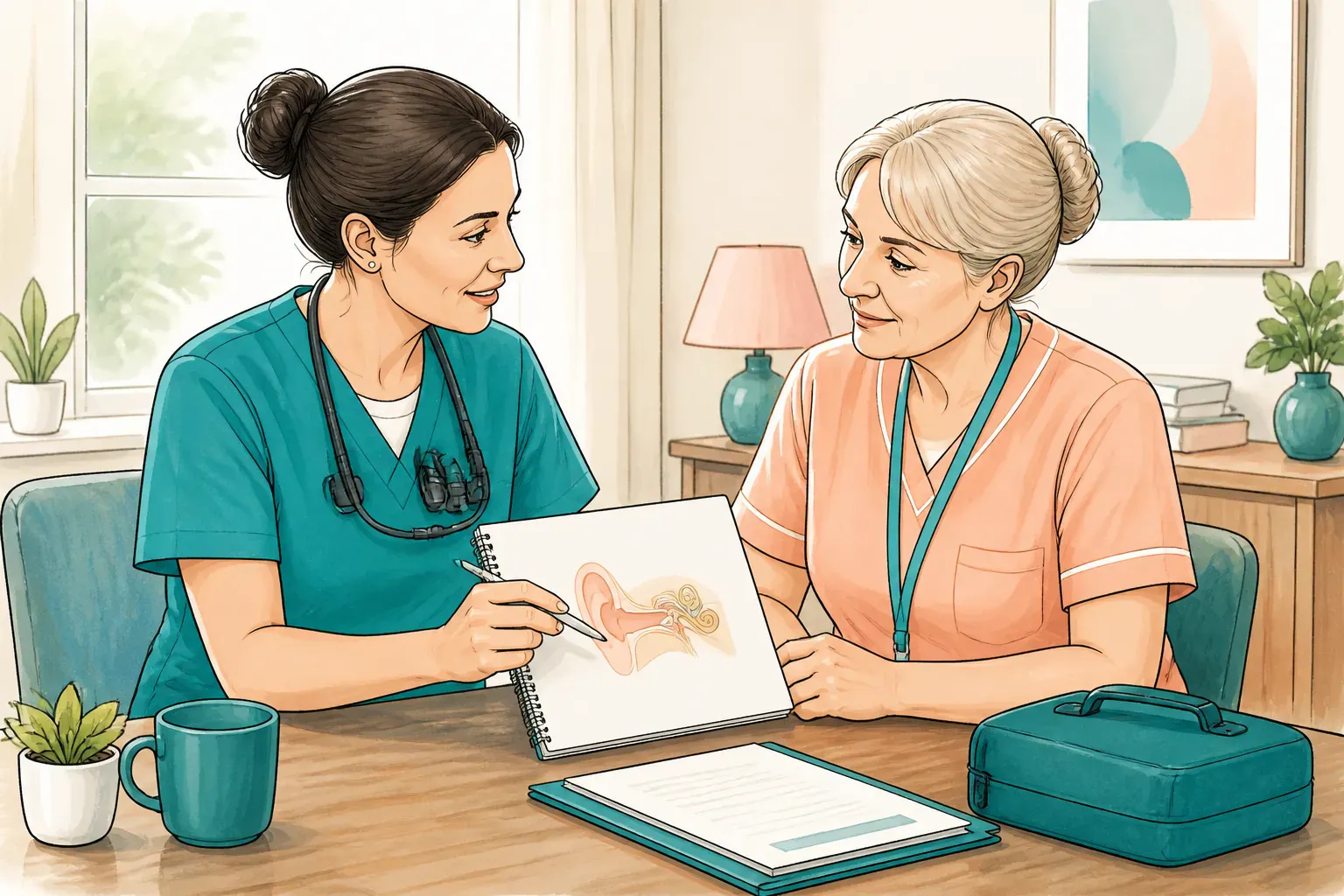 A clinician discussing ear care notes with a care home nurse at a desk