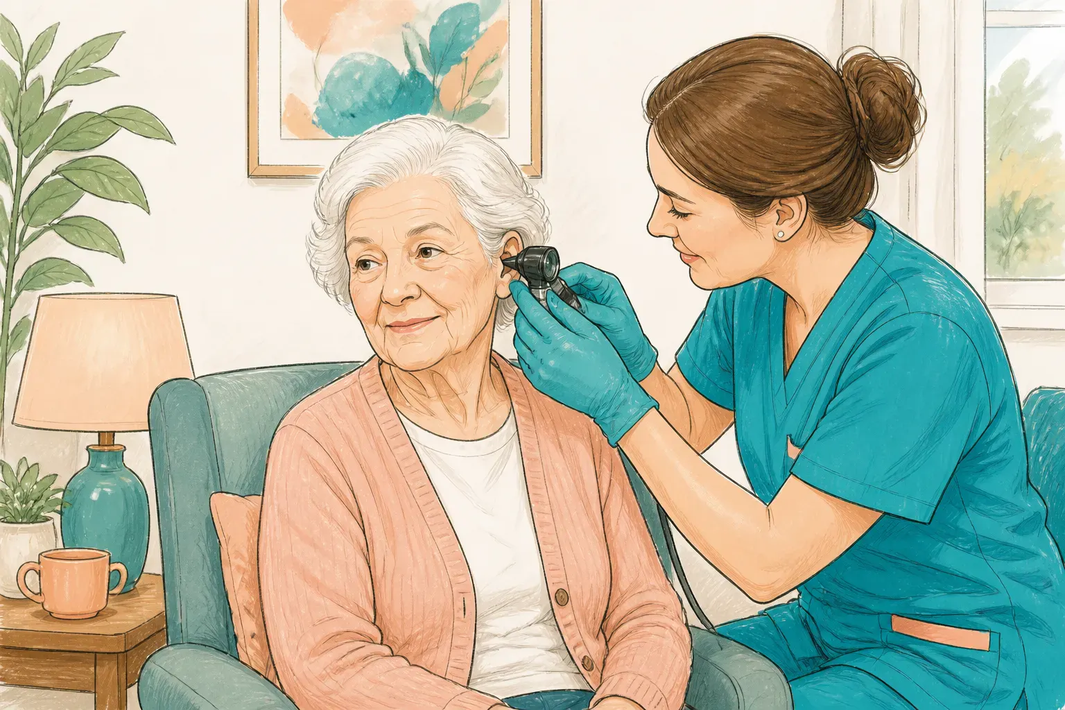 A care worker supporting a resident during a hearing and ear comfort check
