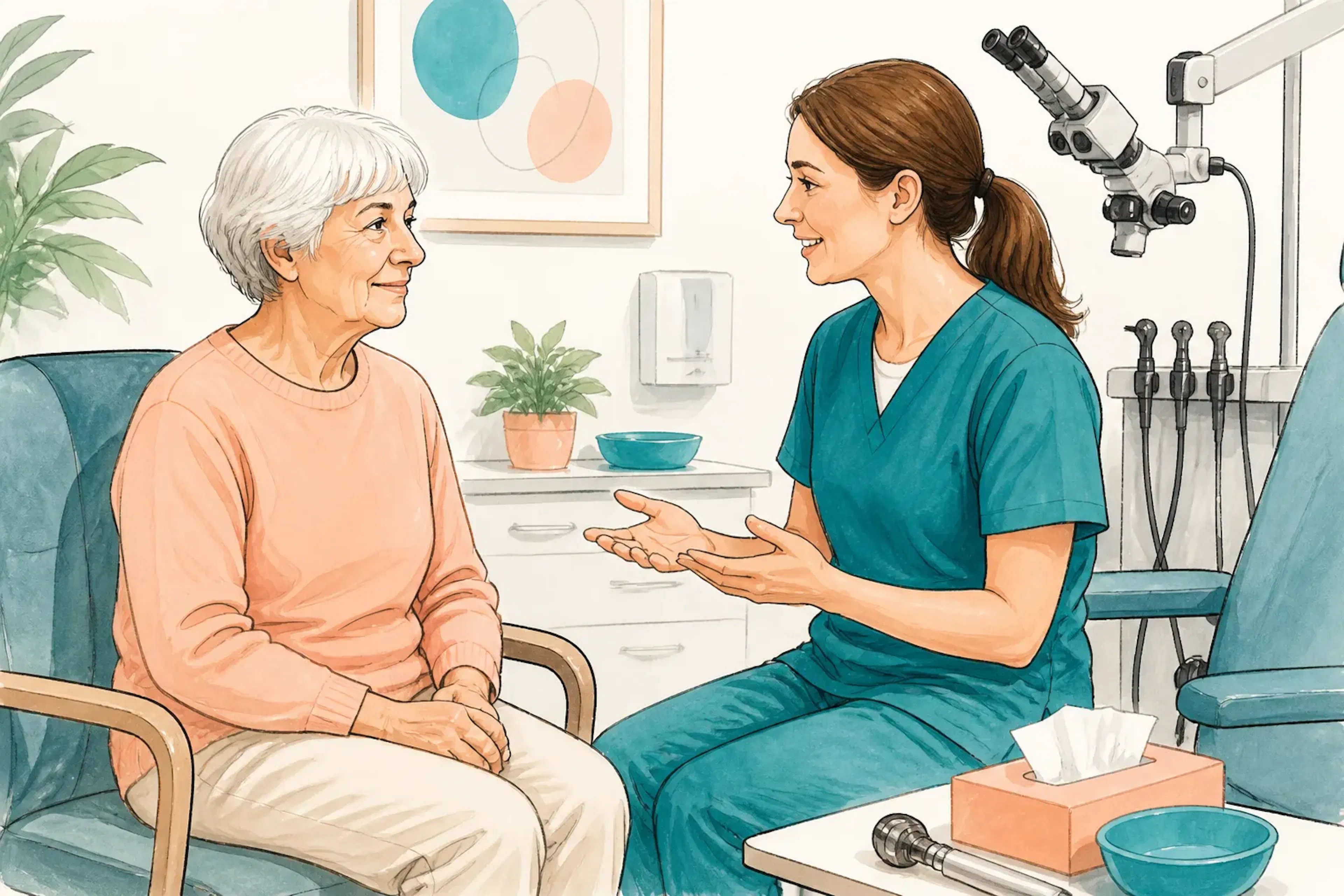 A patient speaking with a clinician before an ear examination
